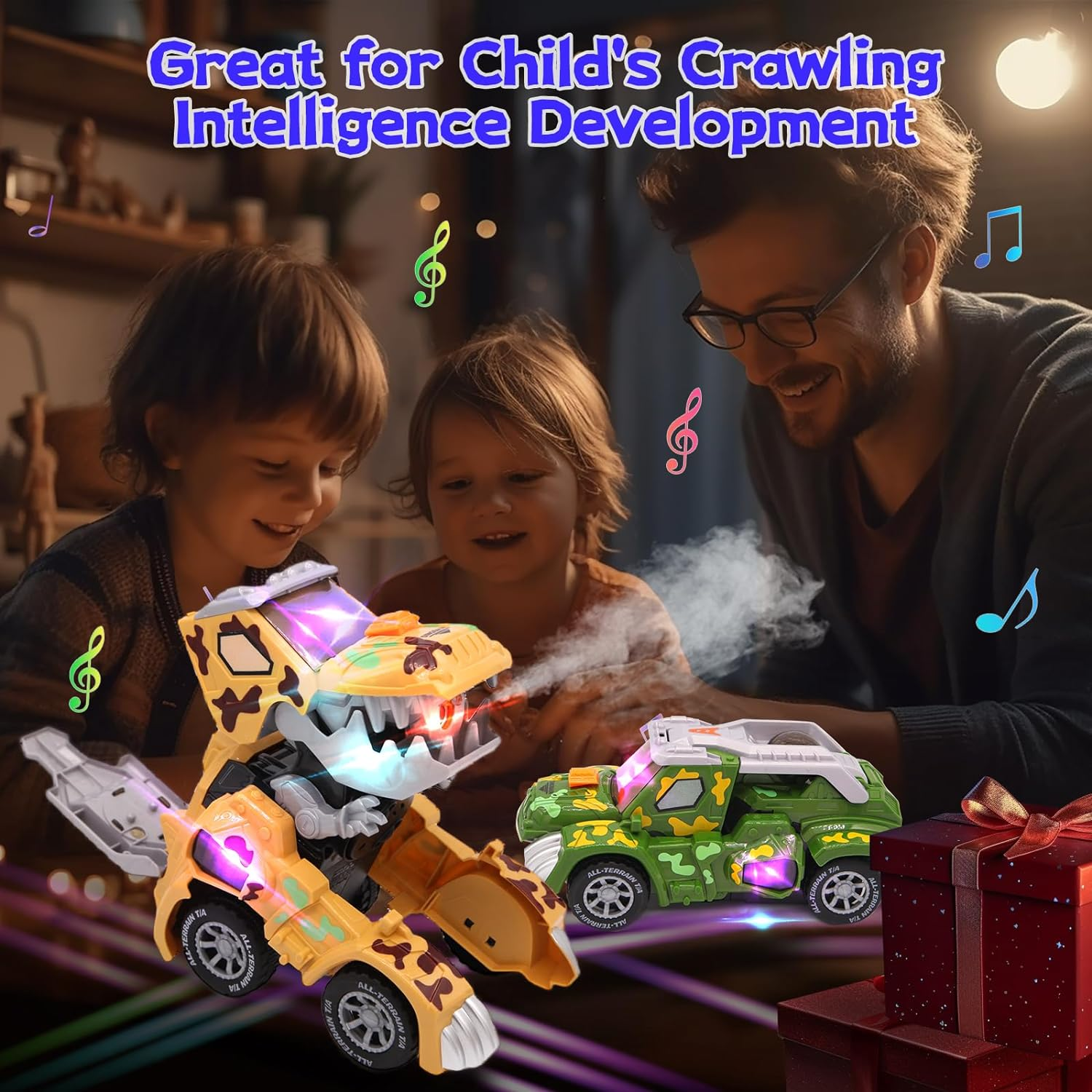 Automatic Mist Spray Dinosaur Car with Music and LED Light, Dino Cars, Deformed Dinosaur Car Toy for Kids 3-5 (Green) image number 4