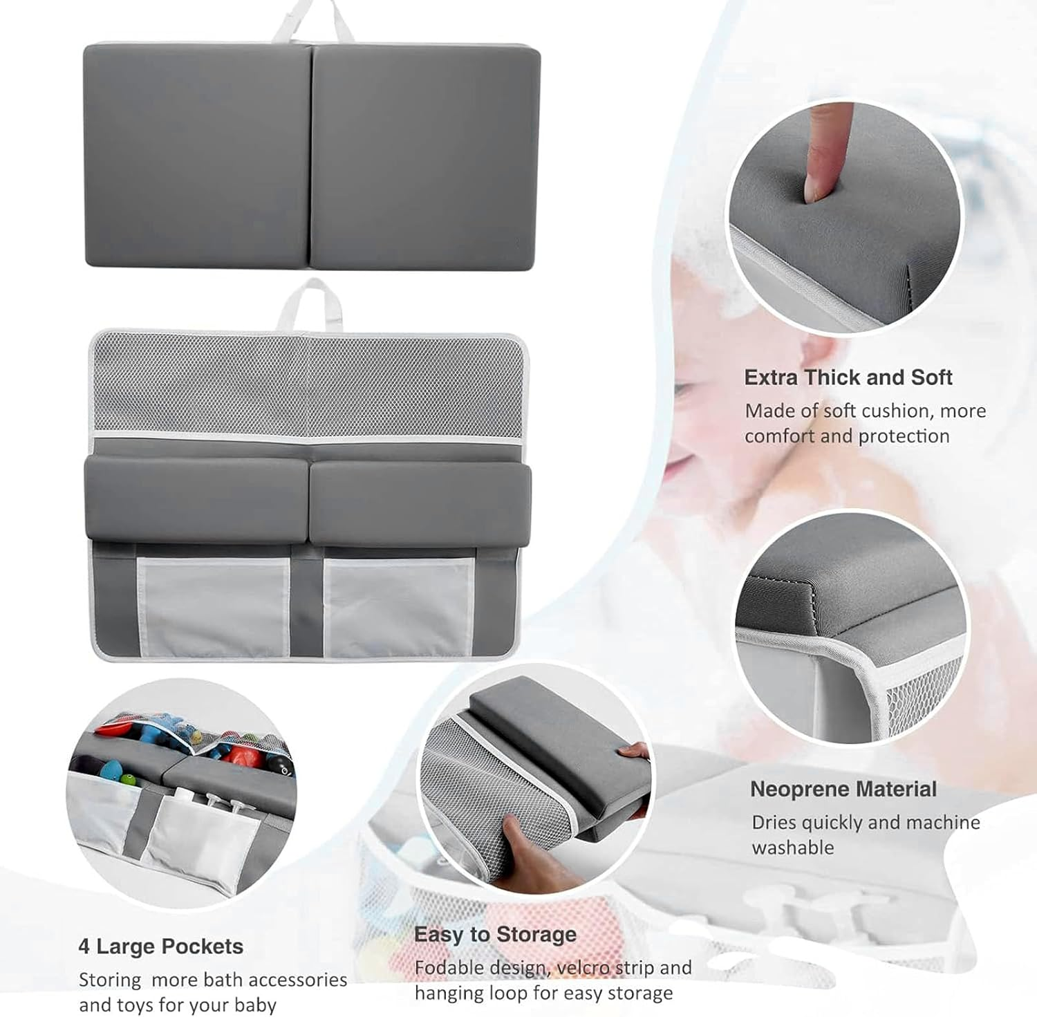 Baby Bath Kneeler and Elbow Rest Pad Set, Non Slip Comfortable Bath Kneeler with Storage Pockets, Easy to Clean Bathtub Kneeling Pad Painless Memory Foam Mat for Bathroom image number 3