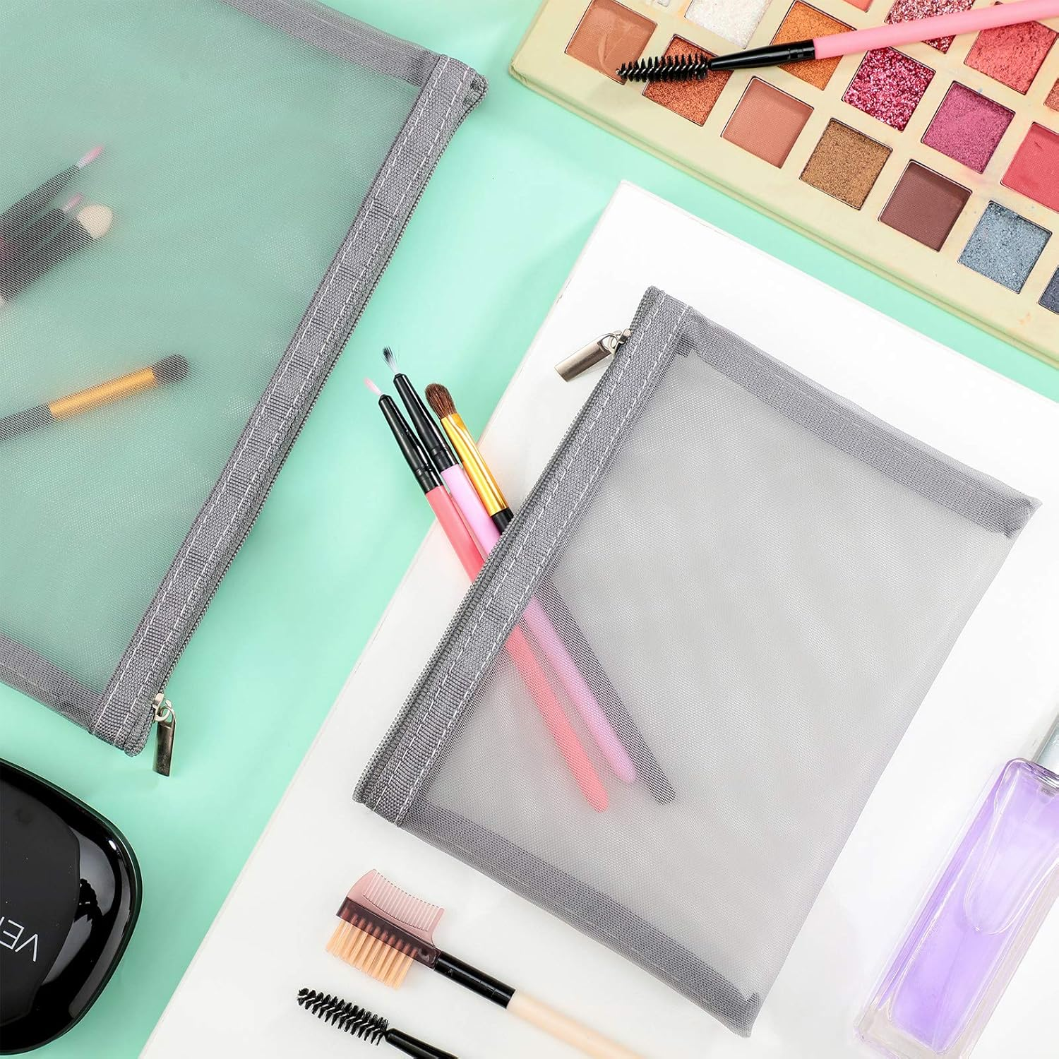 Boao 6 Pieces Mesh Makeup Bags Mesh Cosmetic Bag Portable Travel Organizing Zipper Pouch Toiletries Makeup Pouches for Home Office Travel Accessories(Gray) - Chic Colors image number 5