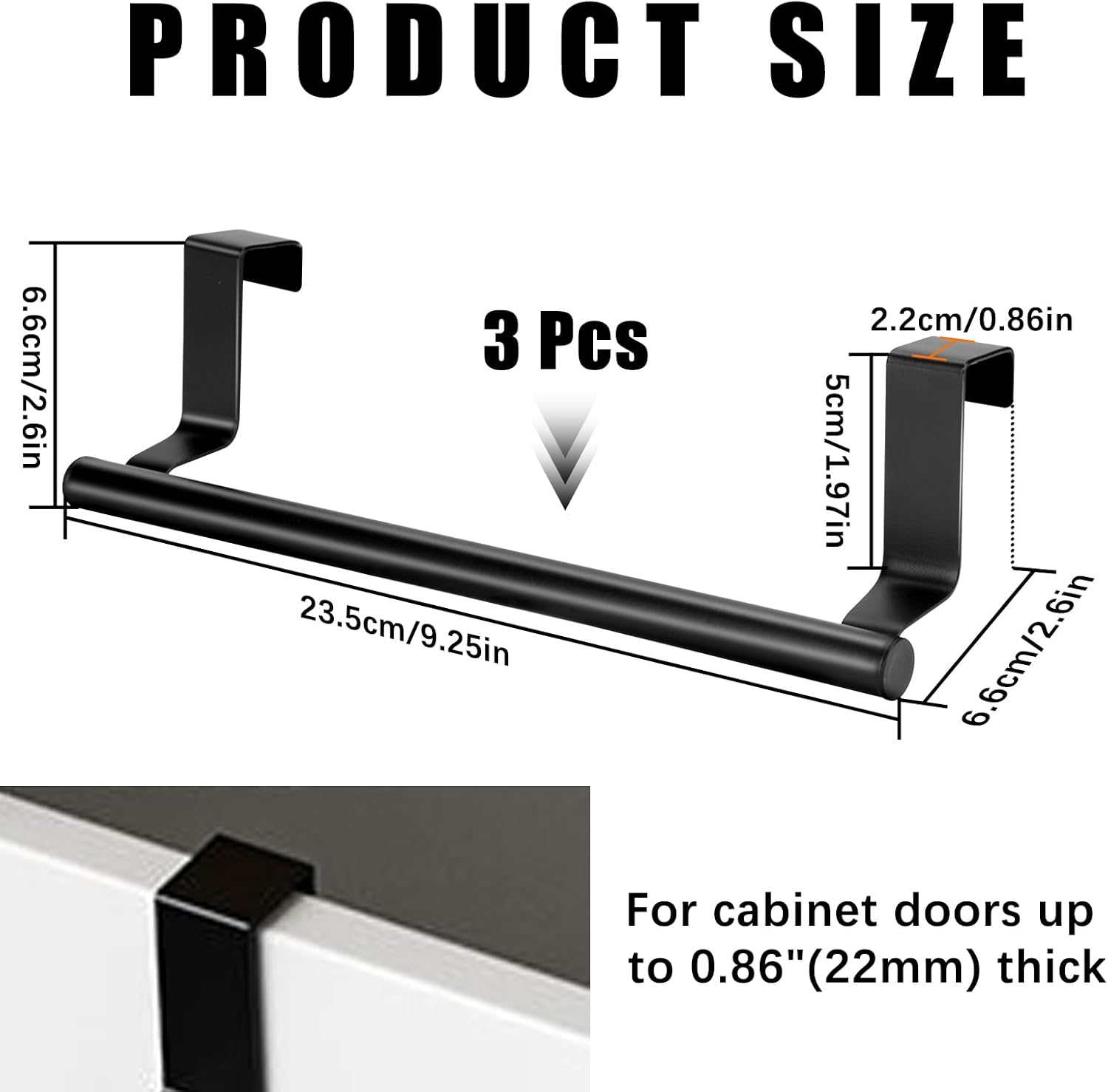 RETON 3 PCS over Door Towel Rack, 9.25 Inch Stainless Steel Cabinet Towel Hanger, Kitchen Towel Bar Holder with Anti-Slip Pads, No Drilling Required (Black) image number 6