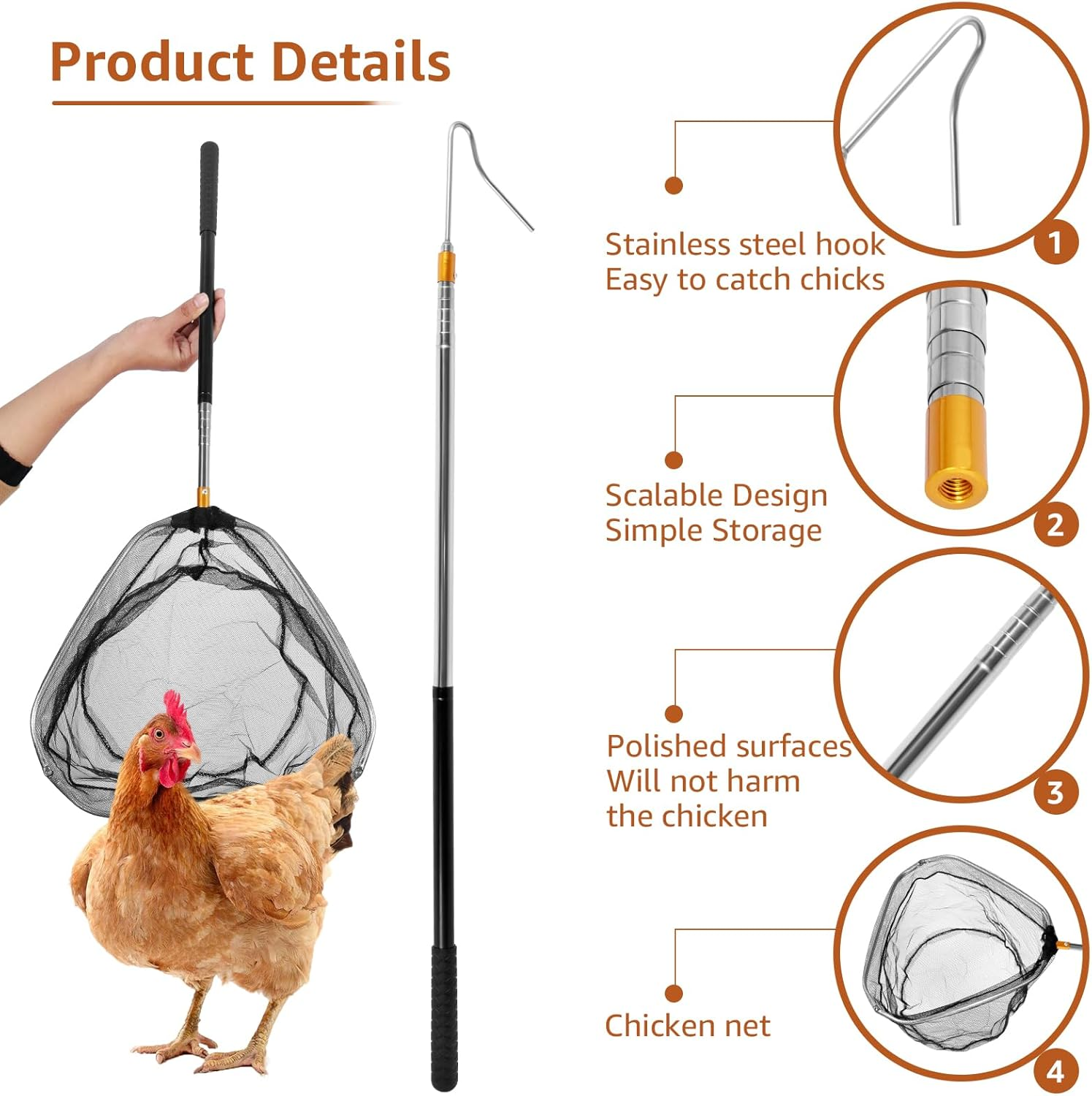 Telescopic Chicken Net Catcher 58.5 Inch Chicken Catching Net with Handle Stainless Steel Pole Poultry Catcher Leg Hook for Catching Poultry Chickens Turkeys Geese Ducks Fish image number 1