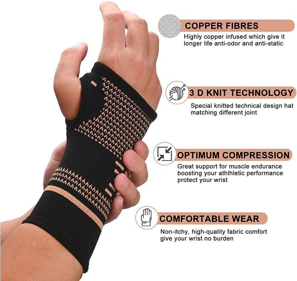 2X Copper Wrist Hand Brace Support Carpal Tunnel Sprain Arthritis Compression Glove L image number 4