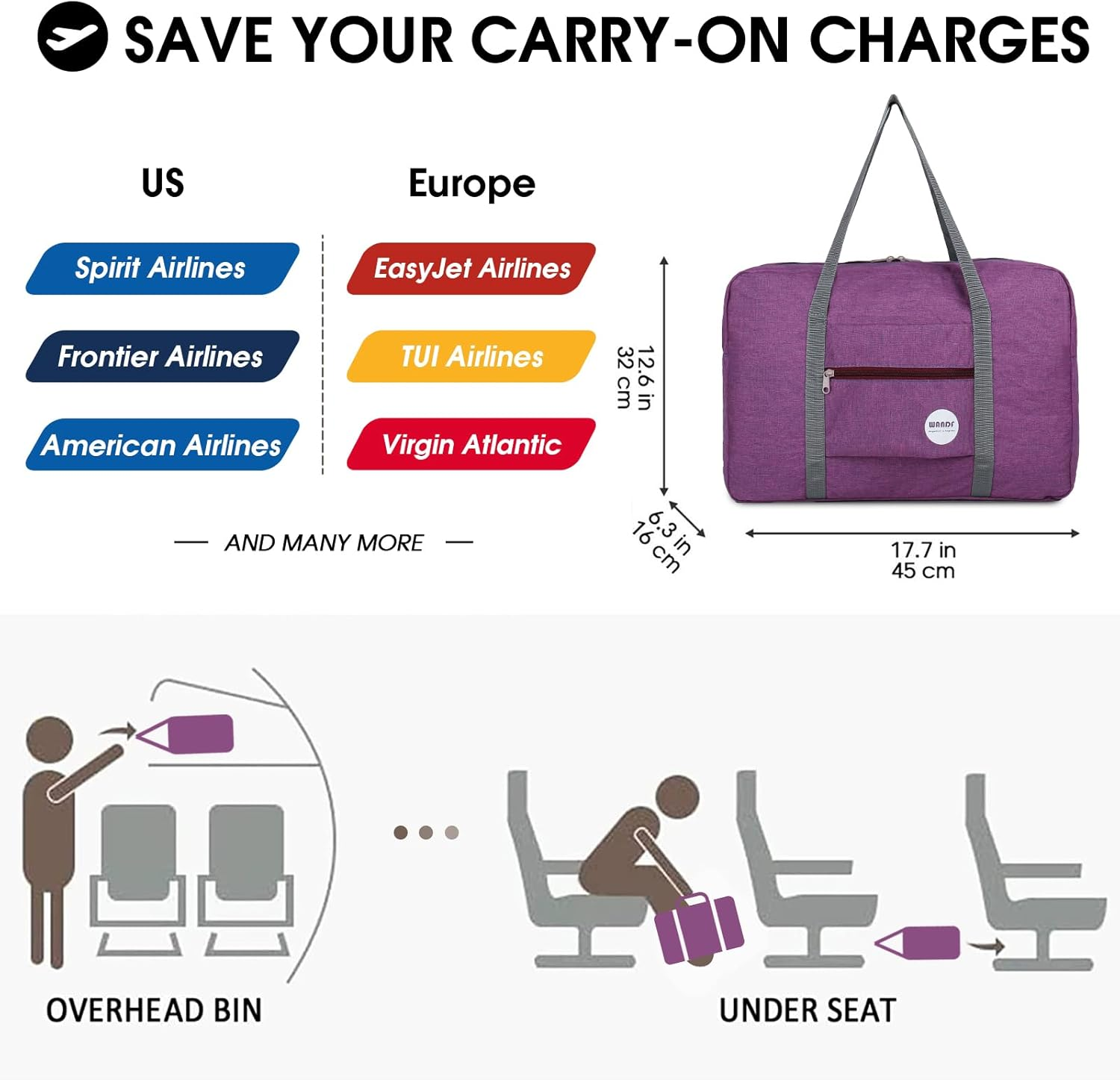 For Spirit Airlines Personal Item Bag 18X14X8 Travel Duffel Bag Underseat Foldable Carry-On Luggage for Women (B- Denim Purple) image number 5