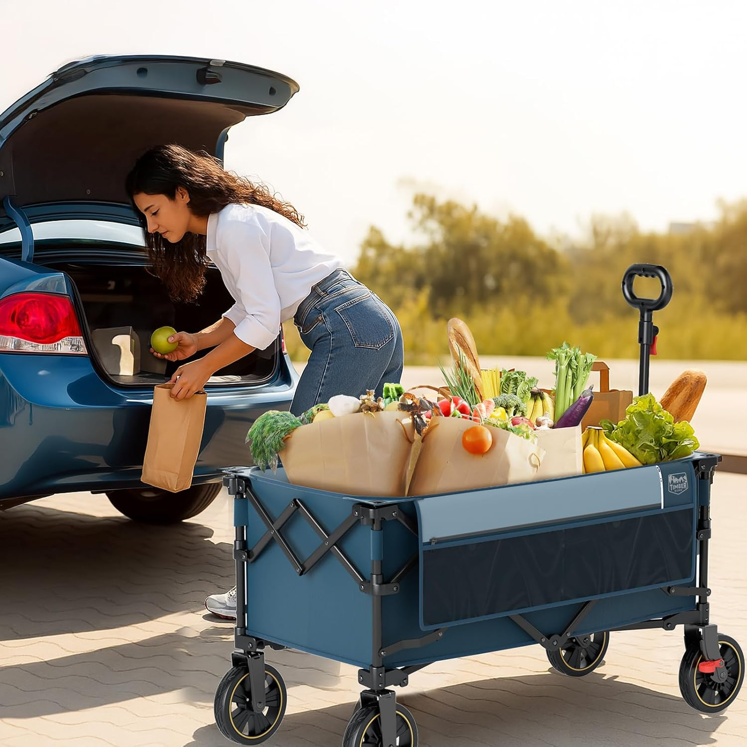 TIMBER RIDGE Collapsible Wagon Cart with Brakes, 200L Large Capacity Compact Portable Easy to Carry Folding Wagon, Utility Grocery Cart for Camping, Gardening, Shopping image number 4