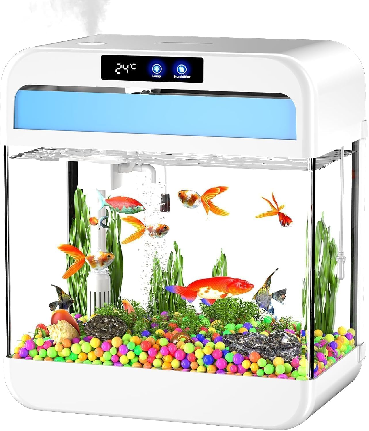 MINYII Fish Tank Aquarium 2.2 Gallon with Humidifier 7 Color Looping Light with Timer Self-Cleaning 3 in 1 Water Pump with Filteration & Oxygenation & Circulation, Temperature Display (White) image number 4