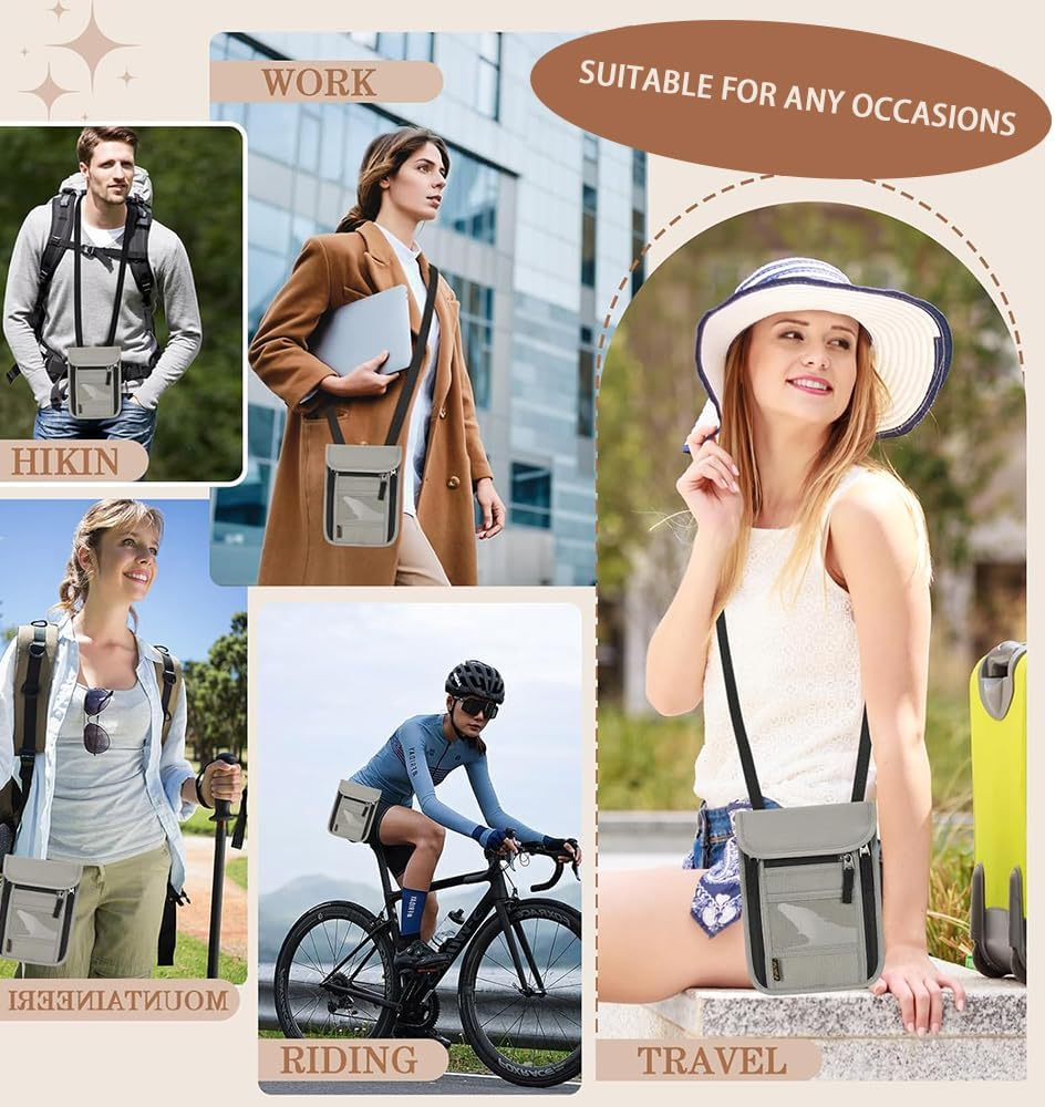 RUTREZOGO Travel Neck Bag Passport Holder with Adjustable Strap, Unisex Lightweight Document Organizer with Zipper for Cash, Credit Cards, and Travel Essentials (Light Gray) image number 1