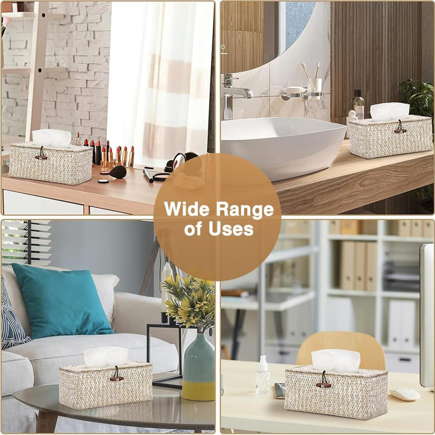 Vintage White Rectangular Seagrass Tissue Box Cover, Country Rustic Style image number 5