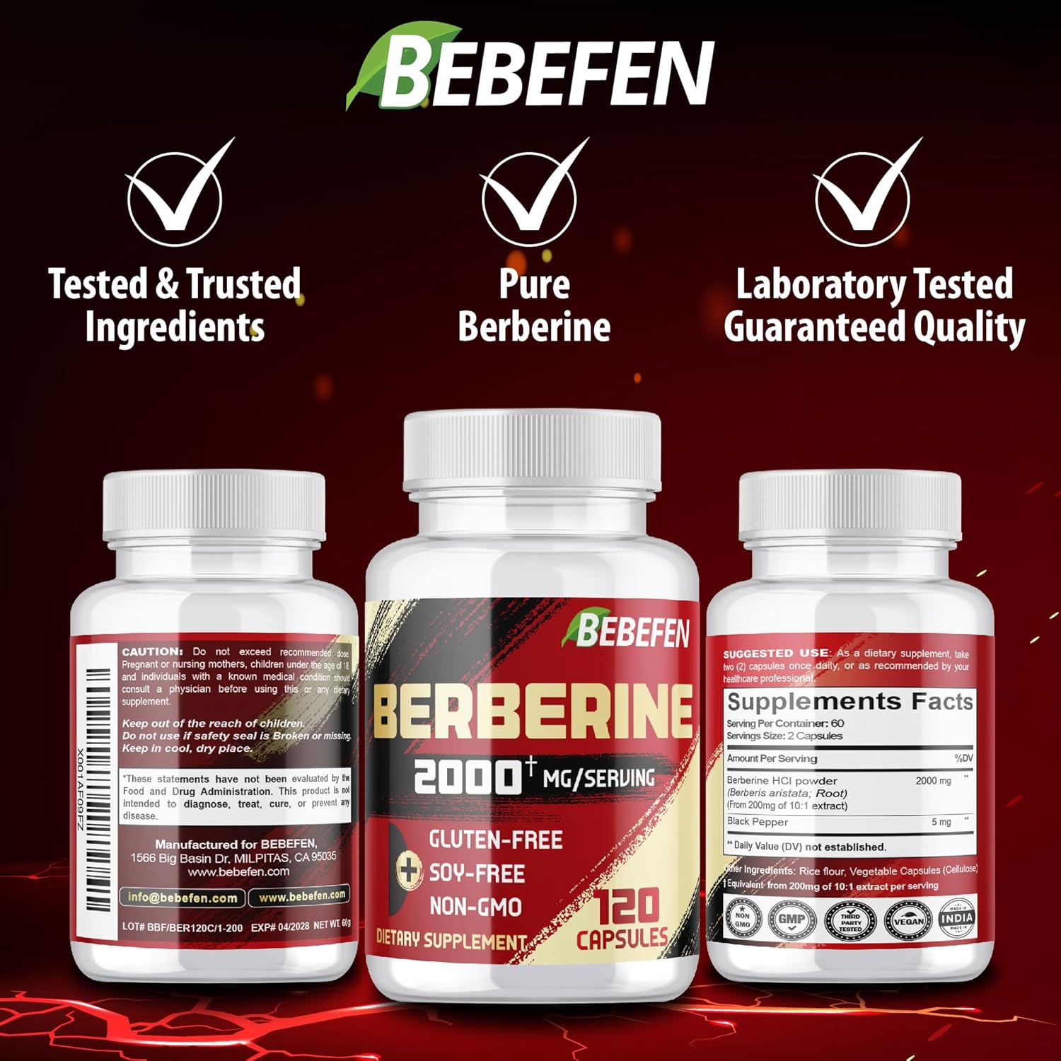 BEBEFEN Berberine Hcl Supplement - Non-Gmo and Gluten-Free Formula - 120 Capsules