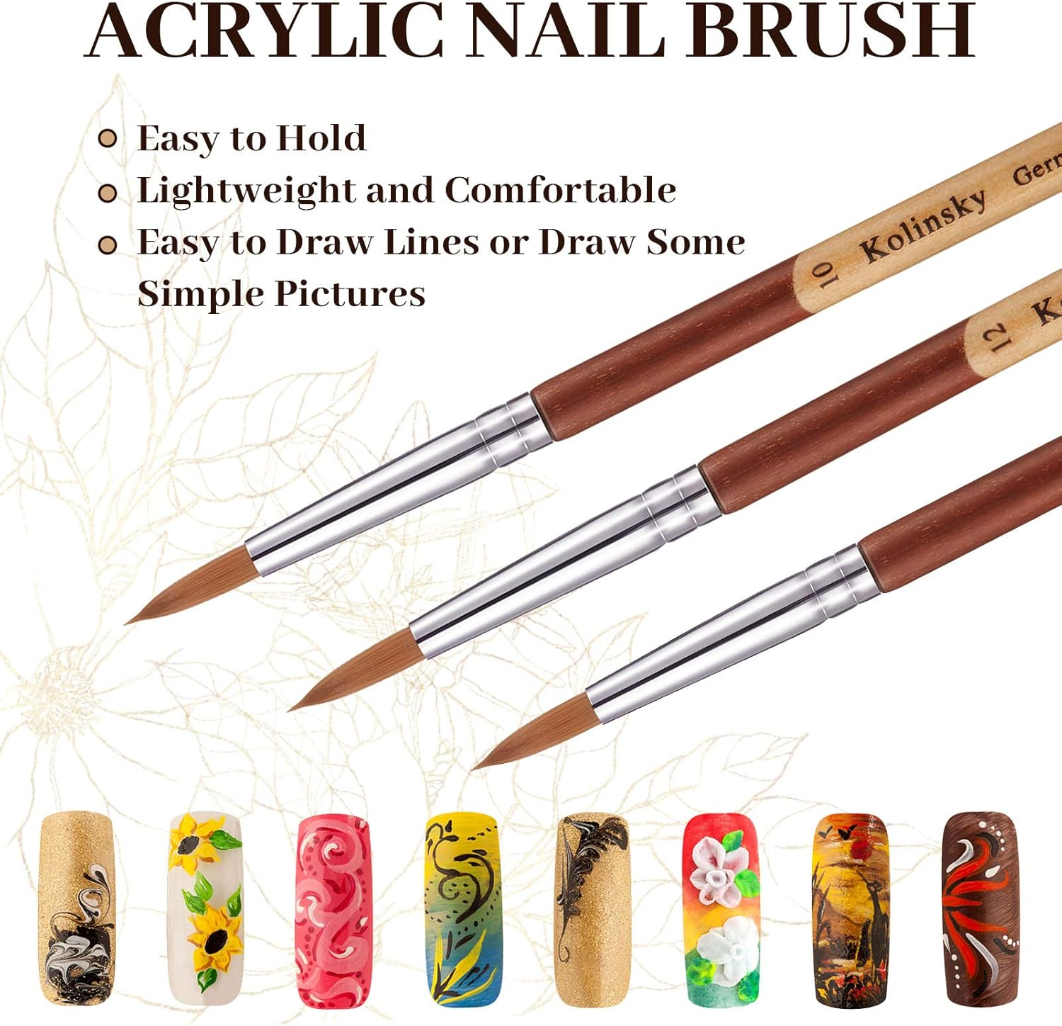 3 Pieces Kolinsky Acrylic Nail Brush Sable Nail Art Liner Brush Soft Nail Brushes for Acrylic Nails with Wooden Handles for Acrylic Application Liquid Styling Nail Art Manicure, Size 8, 10, 12 image number 3