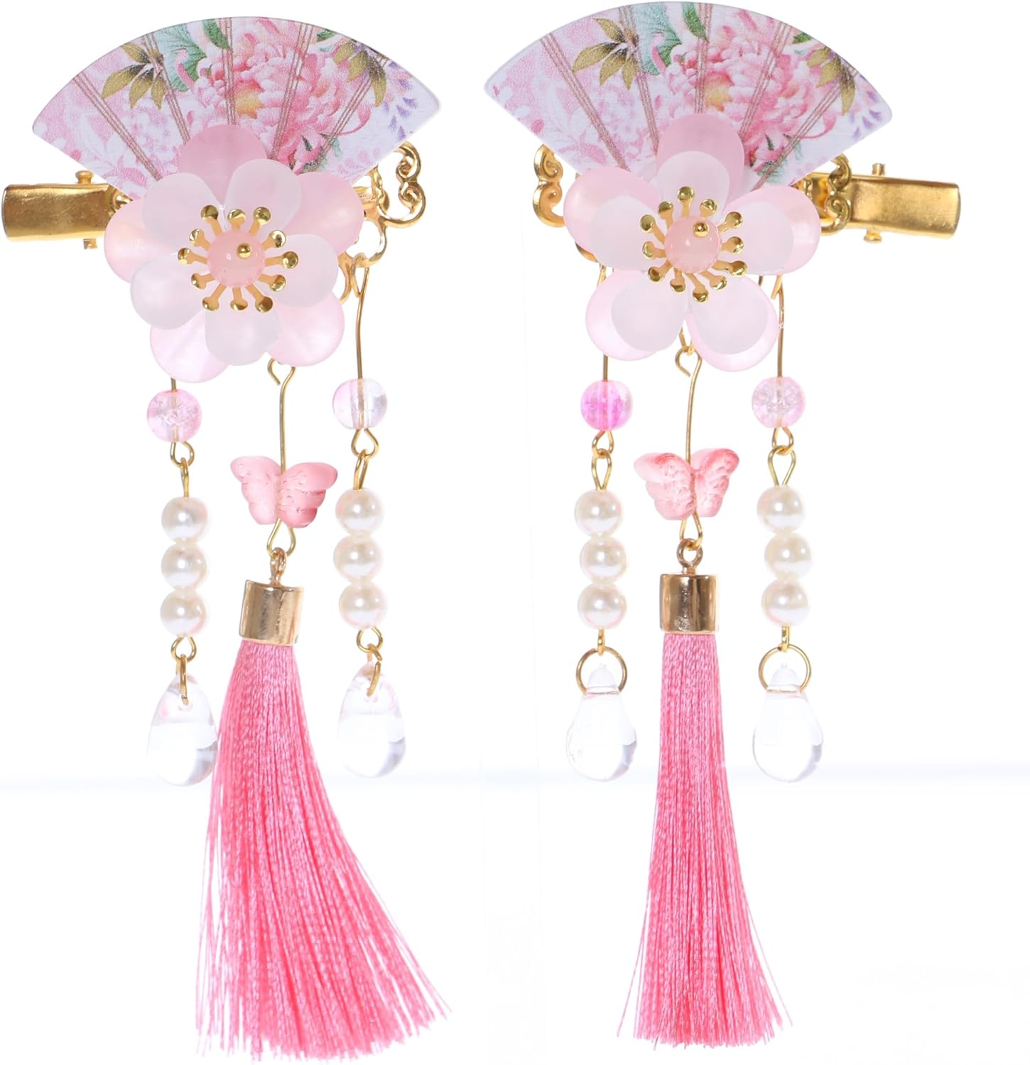 C-118-3 Pink Fan Shape Sakura Cherry Blossom Tassels Hair Clip Hair Clip Hair Clip Japanese Geisha Kimono China Hanfu Accessory