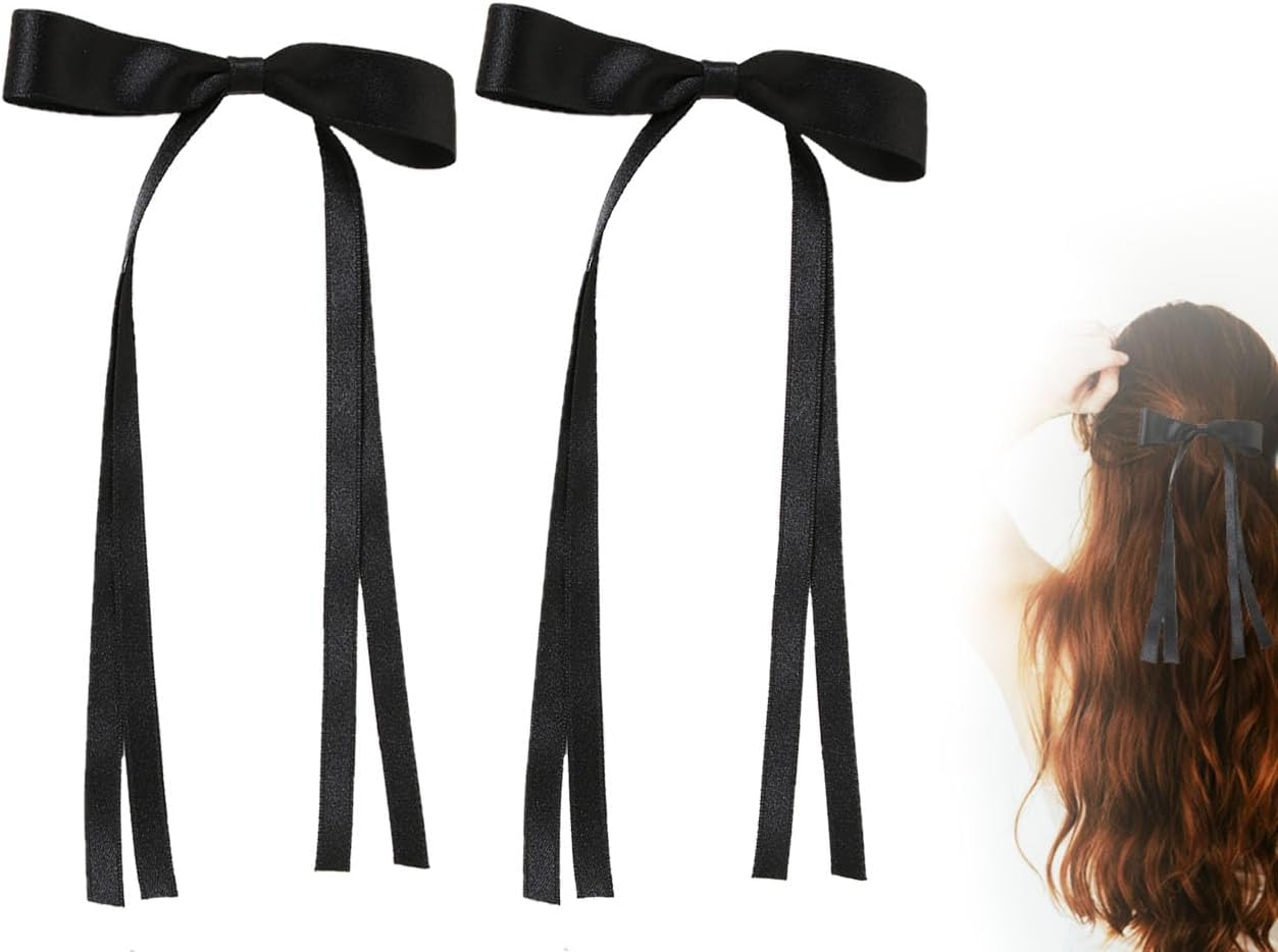 Lhbwhiz Pack of 2 Hair Bows, Silky Hair Clips, Satin Hair Pins, Hair Scrunchie, Band with Bow, Metal Hair Clip, Ponytail Holder, Hair Bow Clip, French Tassel, for Girls Hair Decoration (Black) image number 6