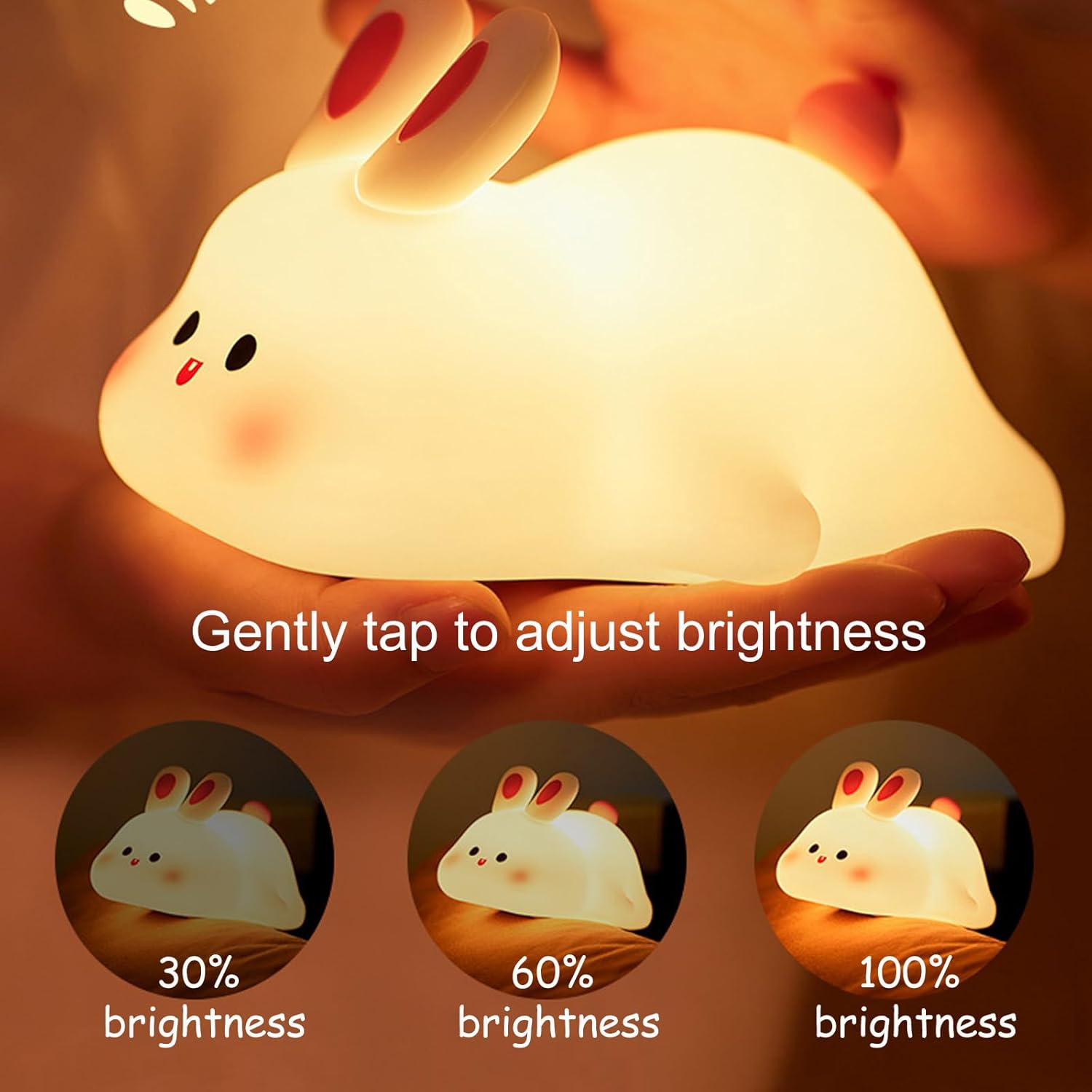 Shgarden Big Face Rabbit Night Light Cute Silicon Bunny Gifts 3 Level Dimmable Squishy Nightlight Rechargeable Bedside Touch Soft Lamp for Nursery Breastfeeding Bedroom Living Room SH0091 image number 2