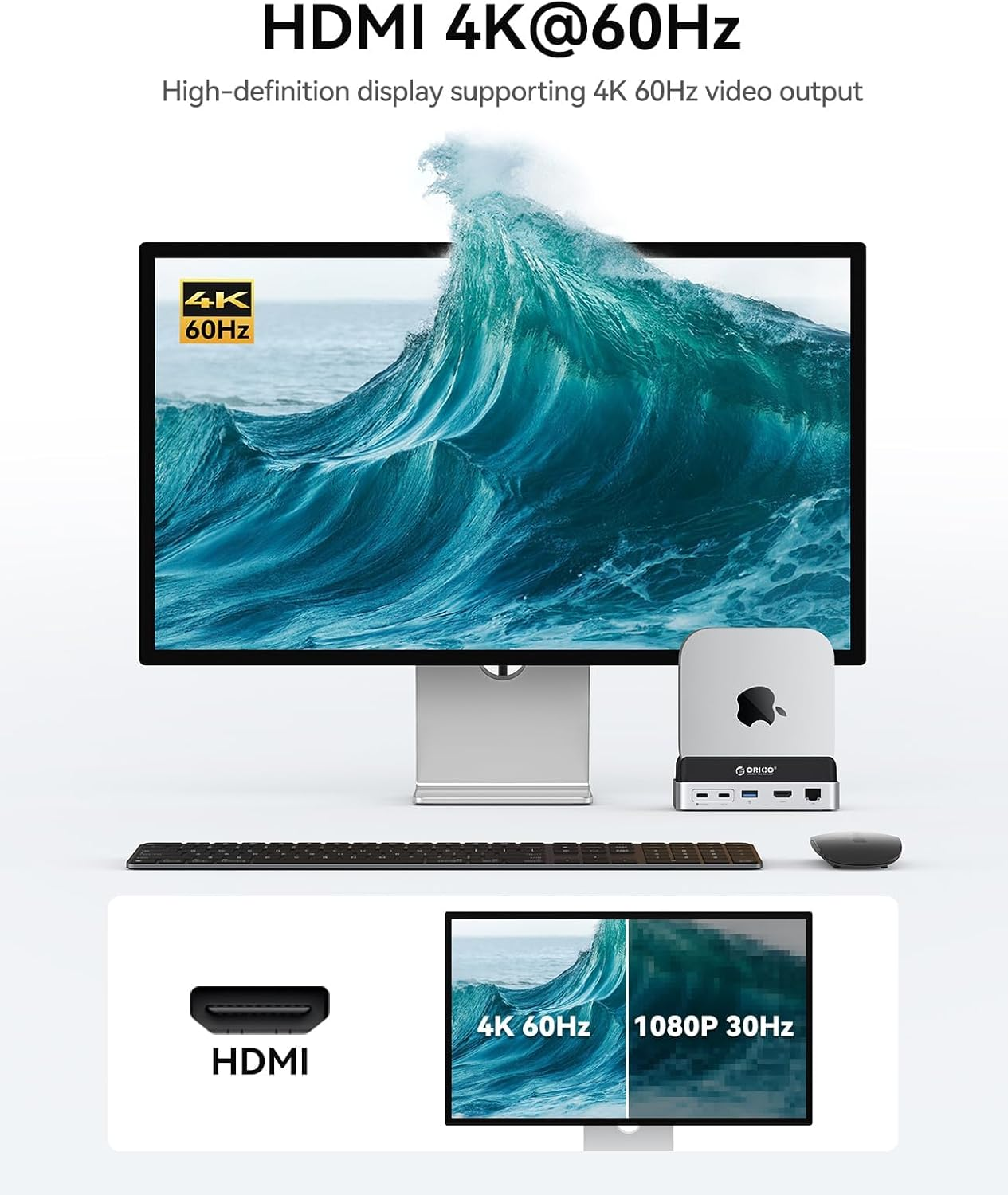 ORICO Minidock and Stand Compatibility with Mac Mini M4, 9-In-1 Aluminum Hub with 2TB Nvme M.2 SSD, 10Gbps USB-C & USB-A, 4K HDMI, Gigabit Ethernet, SD/TF Card Readers image number 6