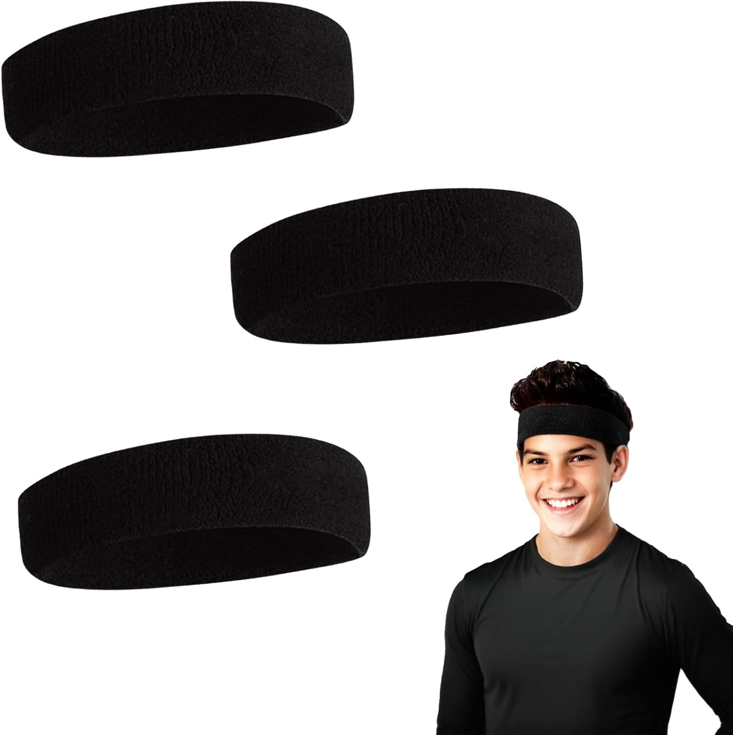 3PCS Black Sweatbands - Quick Drying Sports Headbands for Men & Women, Ideal for Tennis, Basketball, Running, Gym, and Fitness Workouts image number 3