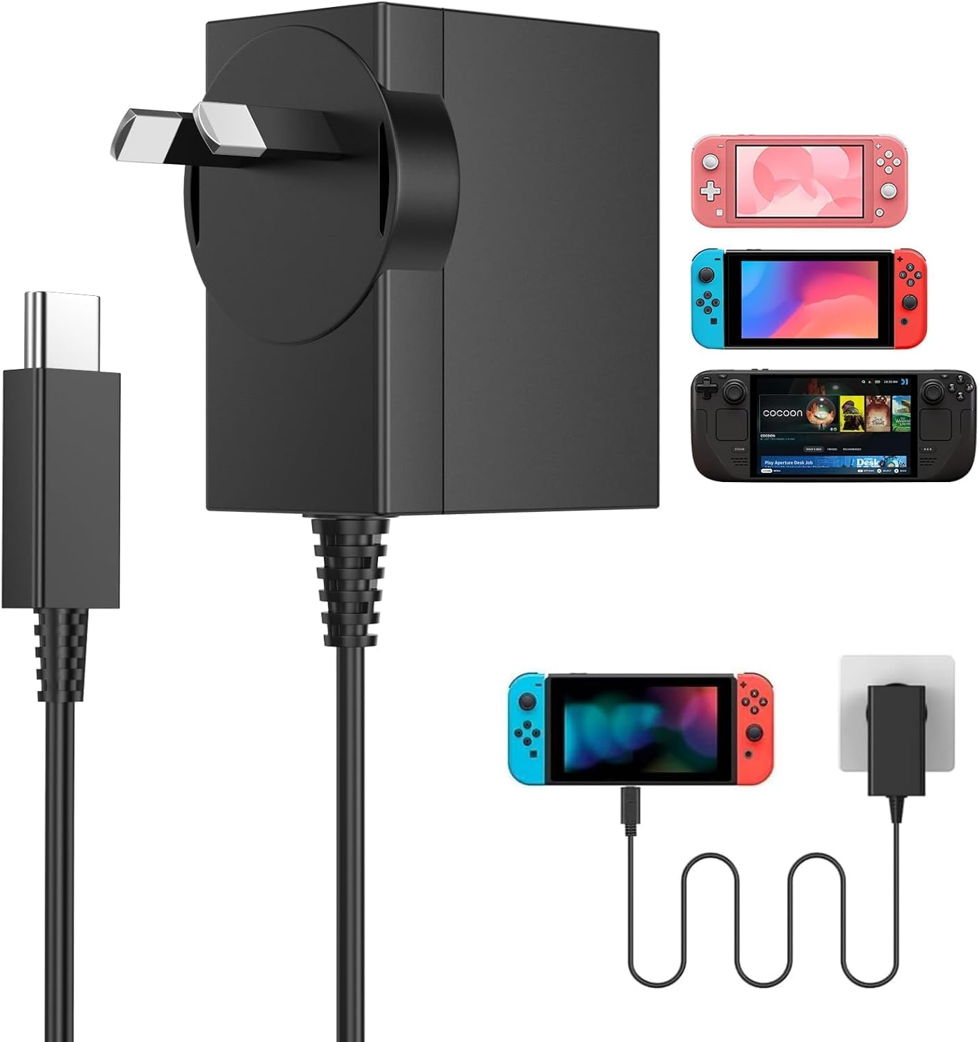YSSTKFD Switch Charger 45W USB C Fast Charging with 1.5M Cord, AC Adapter Compatible with Nintendo Switch Lite/Switch Oled/Steam Deck/Playstation Portal (Australian Plug)