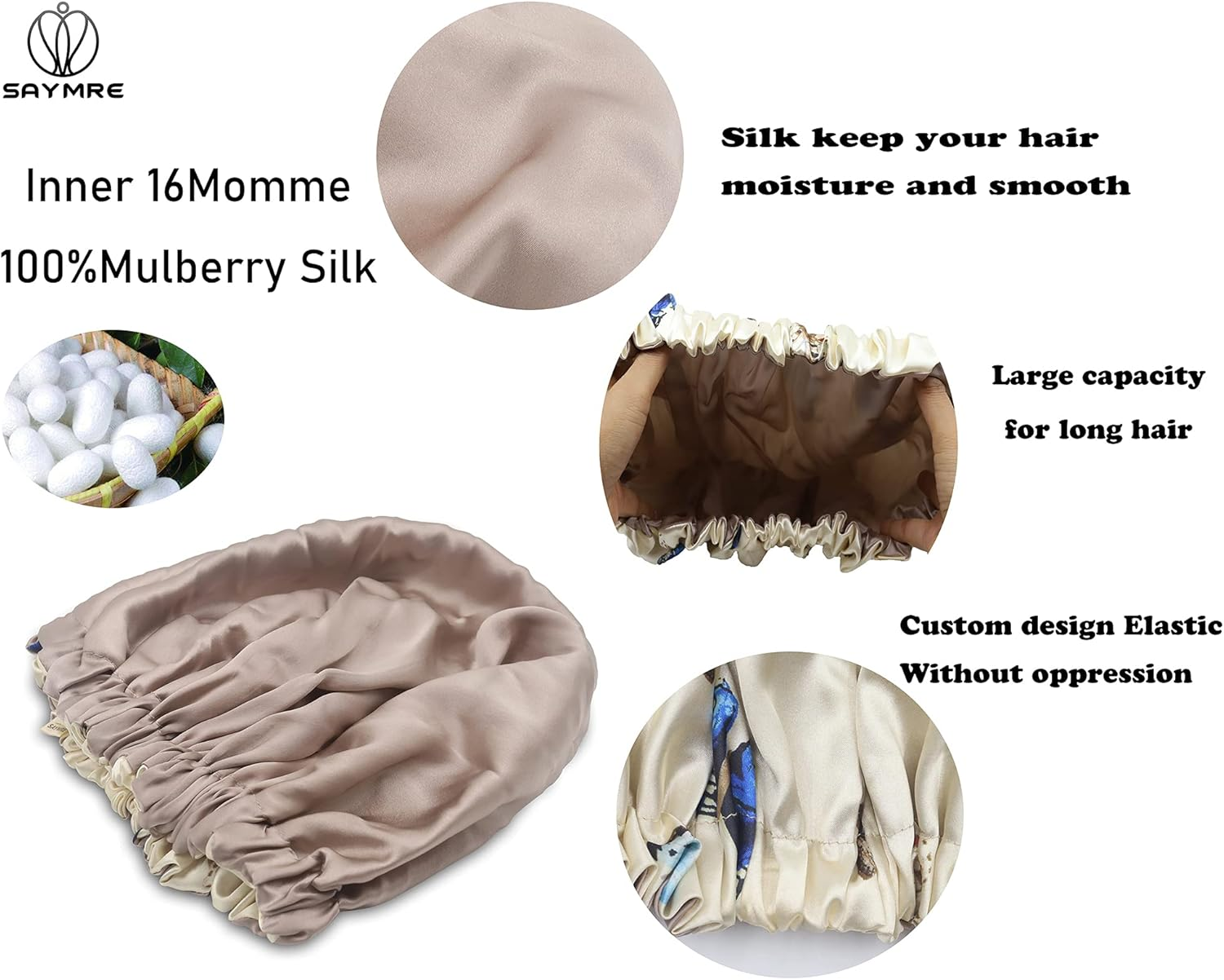SAYMRE 100% Mulberry Silk Lined Bonnet Adjustable Satin Sleep Cap 19 Momme Silk Bonnet for Women Curly,Long Hair Care