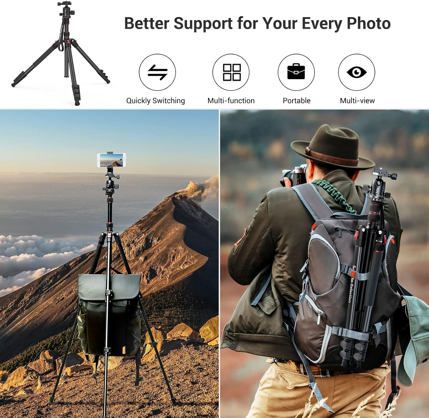 Smallrig Carema Tripod, 78.7" Foldable Aluminum Tripod & Monopod with 360&deg;Ball Head Detachable and Quick Release Plate, Adjustable Height from 18.5" to 78.7"