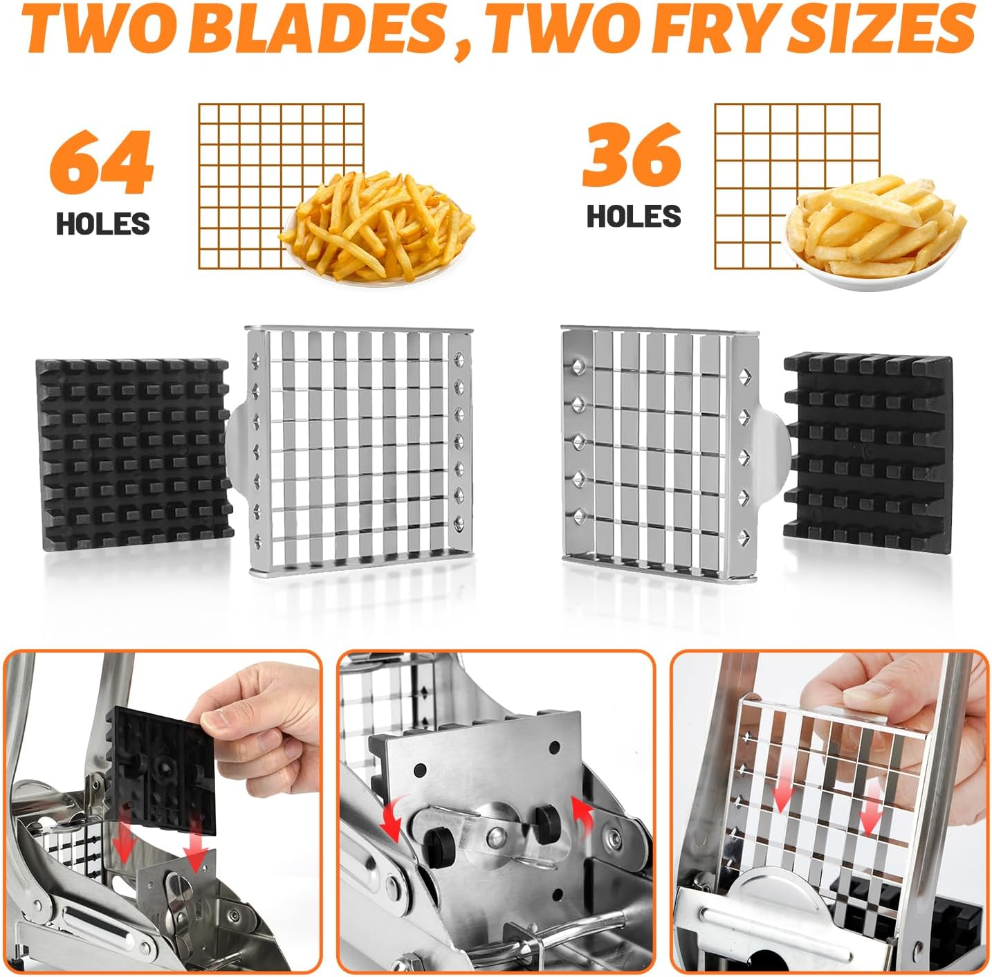 Commercial Grade French Fry Cutter,French Fry Cutter with 2 Blades,Stainless Steel Vegetable and Potato Slicer,Heavy Duty Potato Slicer,Non-Slip Suction Base,Perfectly Cut Potatoes (Silver) image number 6