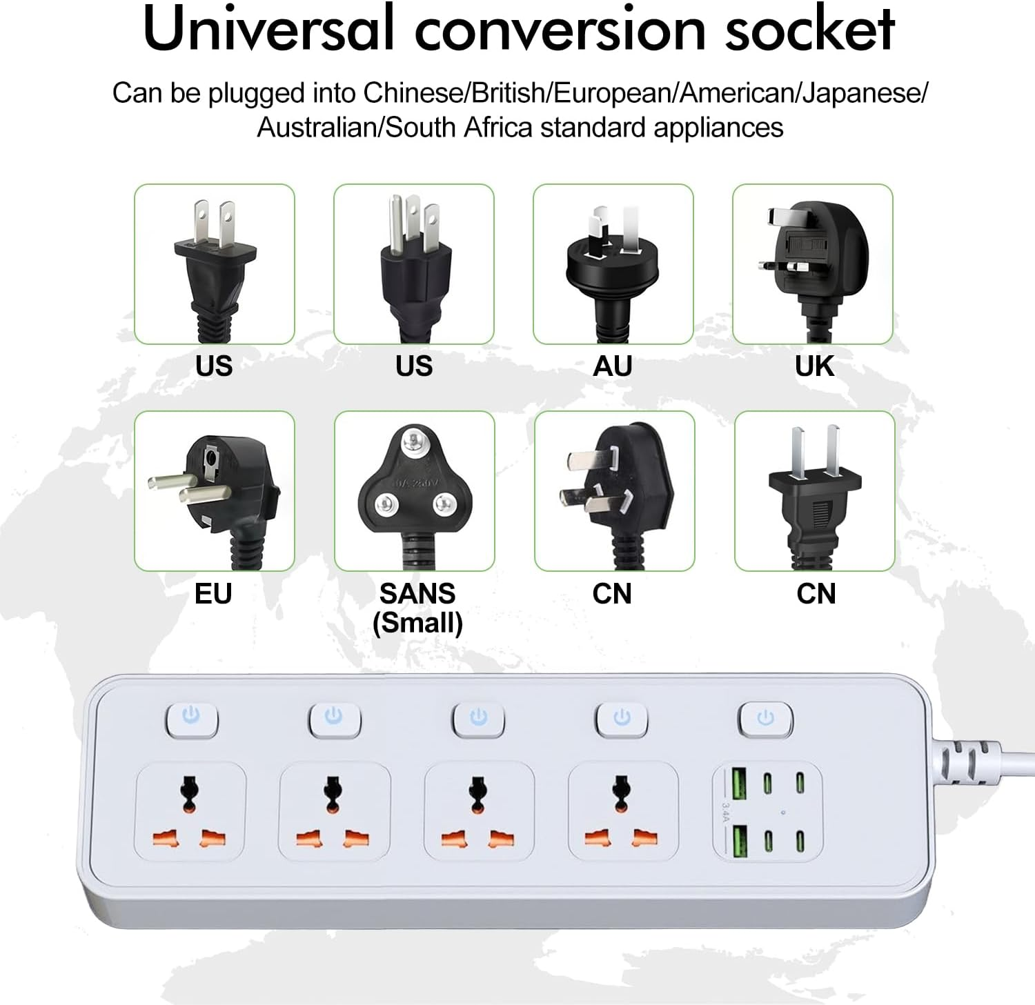 Extension Cable with USB Slots, 4-Way Sockets with 4 USB-C Ports and 2 USB Ports, 3250 W Single Switch, 1.8 M Extension Cable with Protected Power Strips, EU Multi Plug Adapter, White