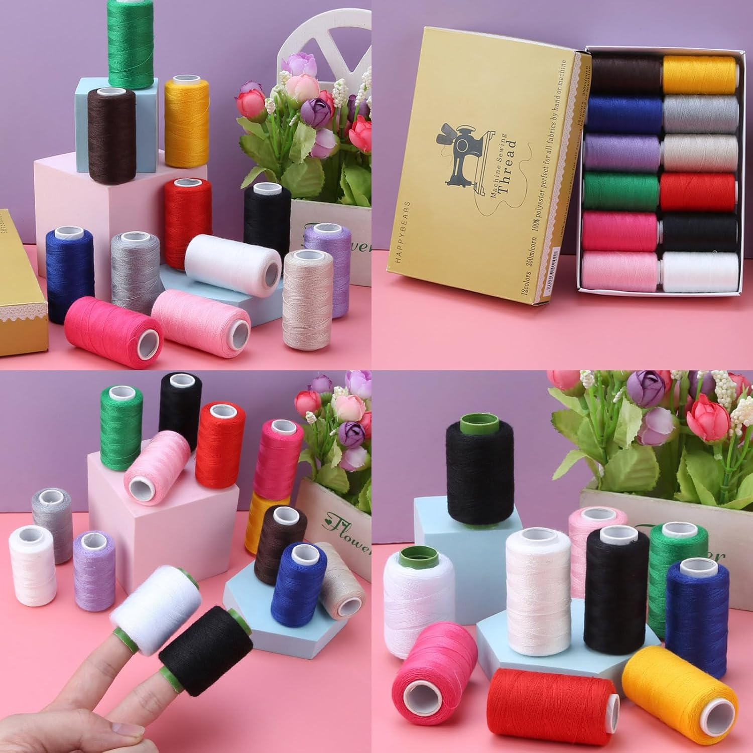 12 Color Sewing Thread Kit, Hair Extension Thread,402 Spools Polyester Thread with Sewing Needle Kit,Round Hair Weave Threads,350 Yards per Thread Spools for Hand & Machine Sewing, DIY and Home image number 1