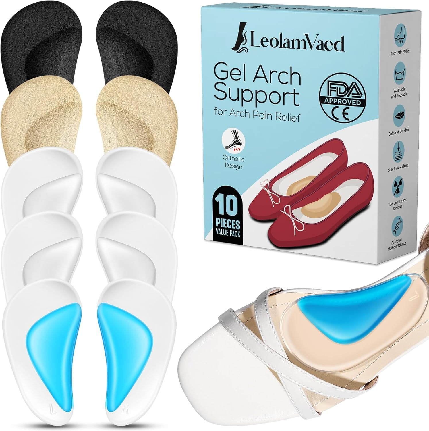 Reusable Arch Support Inserts for Plantar Fasciitis Relief, Self-Adhesive Arch Support Insoles for Flat Feet, Thicken Gel Foot Arch Support Insoles for Women and Men to Relieve Feet Pressure- 5 Pairs image number 1