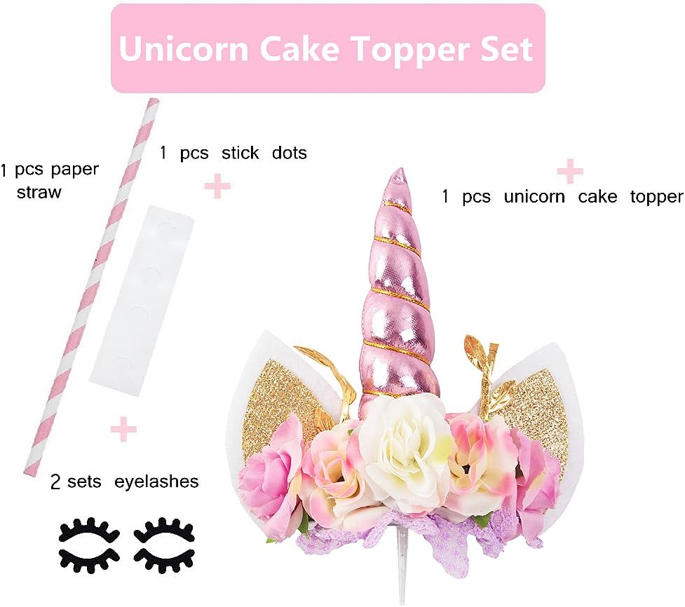 Nishine Rose Floral Unicorn Cake Topper Birthday Party Cake Decoration (Pink&Ivory) image number 5