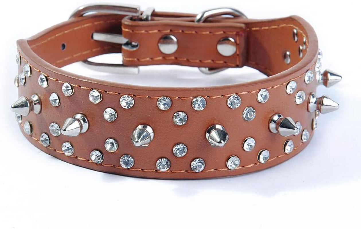 Haoyueer Spiked Studded Dog Collar Stylish Leather Dog Collar, with Bullet Rivets and Rhinestones, Soft and Adjustable for Medium and Large Dogs(Brown,M)