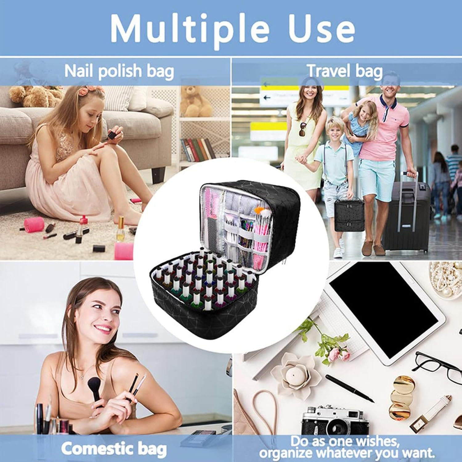 Nail Polish Organizer Case, Double Layer Design Nail Polish Holder Carrying Case, Nail Polish Storage Bag, Holds 30 Bottles Nail Box Organizer Case for Nail Tech and Manicure Tools, Black, Refer To - Pink image number 3