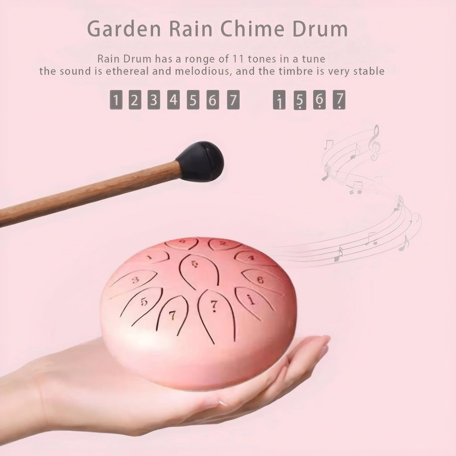 Outdoor Rain Drum, 6-Inch 11 Tone, Waterproof, Zen Yoga Gift, Music Book, Storage Bag, Hammer and Fingers Picks (Pink) image number 6