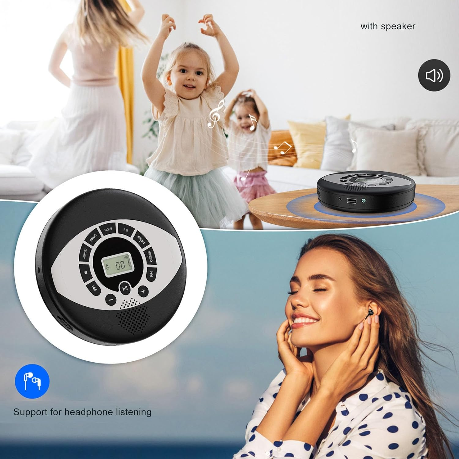 Portable CD Player with Stereo Speaker, Support Headphone Insertion USB Rechargeable CD Player, anti Skip and Memory Playing image number 6