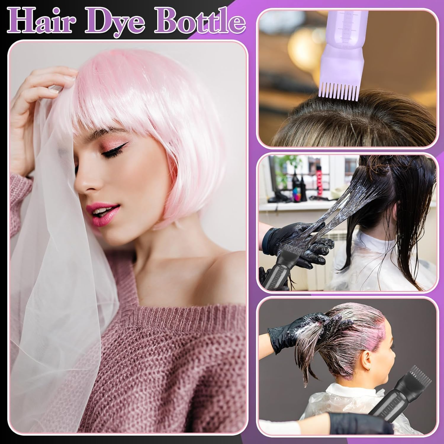 2 Pack Hair Oil Applicator Bottle for Scalp with Comb,Hairs Oil Bottle with Root Comb for Scalp, Shampoo Scrubber Applicator,Hair Dye Tools (Purple+Black, 17.2 * 4.5Cm) image number 1