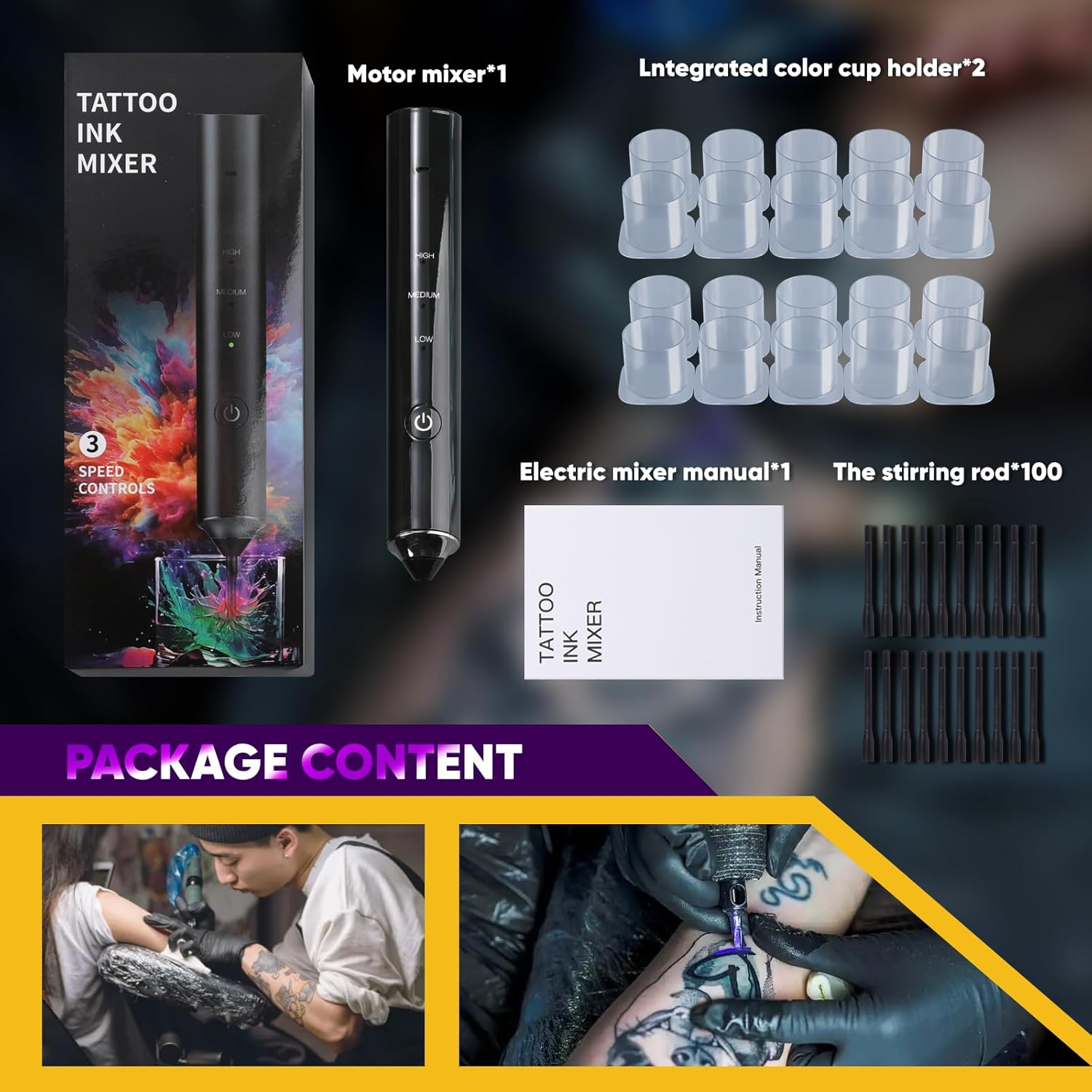 Tattoo Ink Mixer Gun Machine, Mixers Game Changer, 3 Adjustable Speeds Wireless Mixer, without Continuous Pressing, New Rotary Tattoo Pigment Mix-Er Set with 100Pcs Mixing Sticks