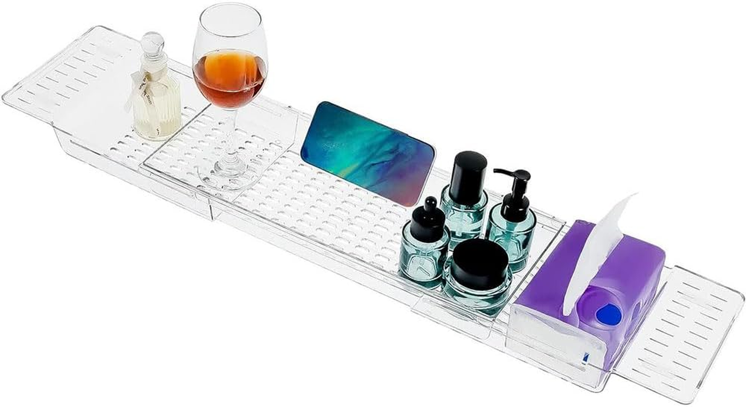 HYAVIA Adjustable Bathtub Caddy Tray Expandable Non-Slip Bath Tub Organizer with Drainage Slots Multi-Functional Bathroom Rack for Spa Accessories Phone and Book Holder image number 6