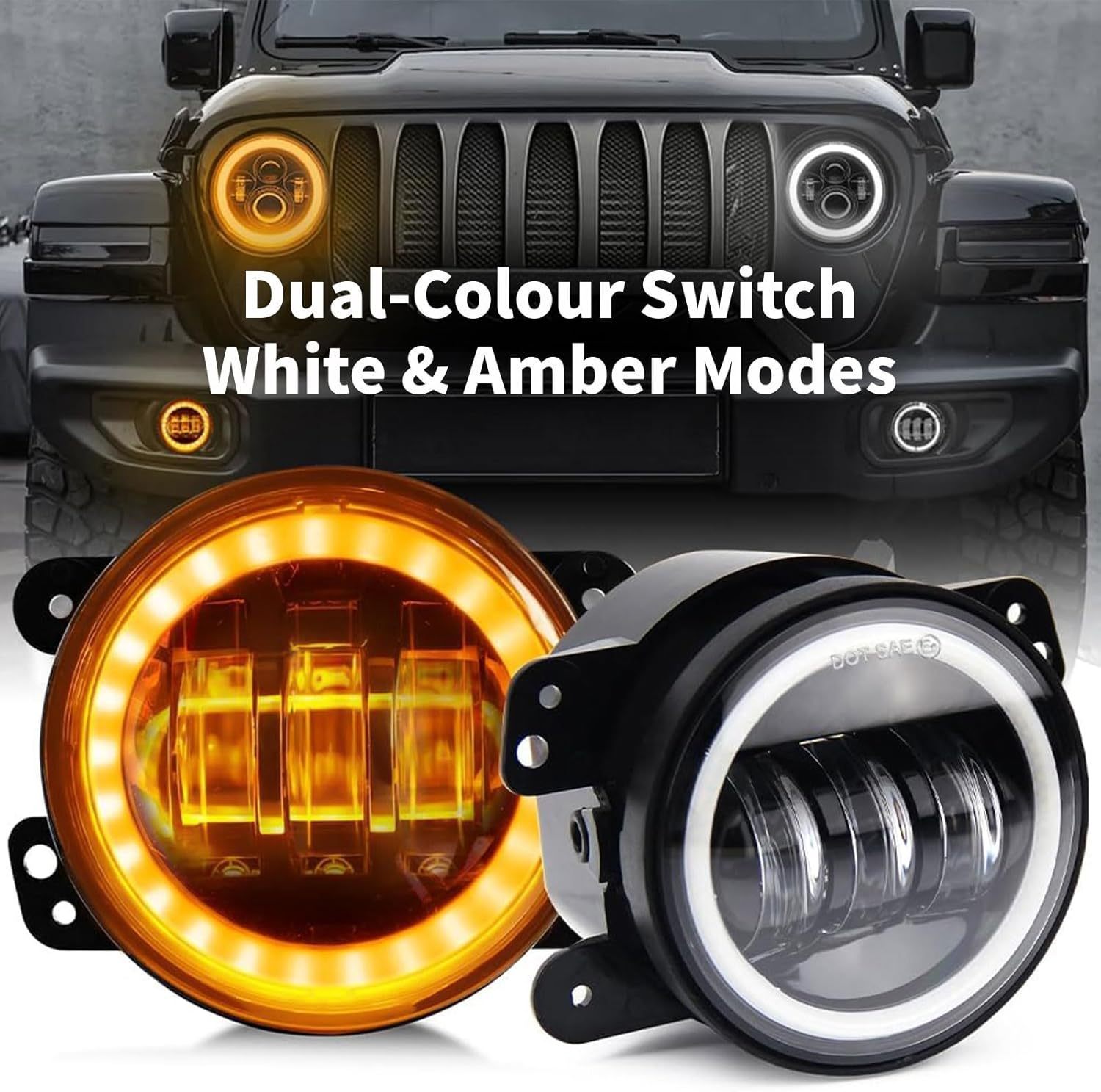 4 Inch Dual-Color Halo Fog Lights for Wrangler JK & Gladiator &ndash; Bright, Waterproof, Easy to Install &ndash; Ideal for Offroad and Daily Driving image number 3