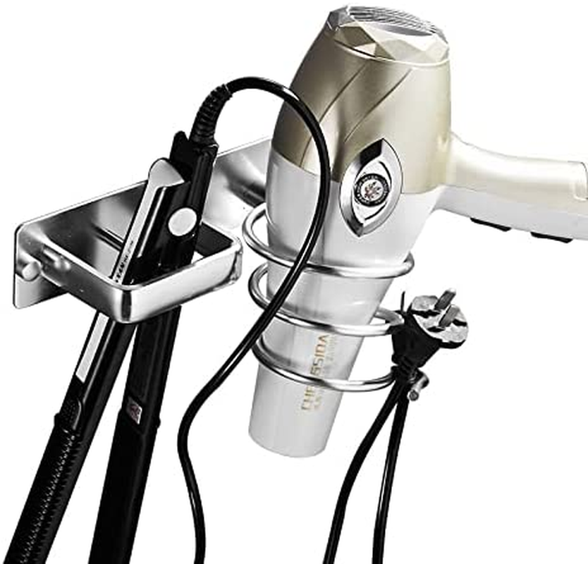 2 in 1 Hair Dryer Holder Rack,Fyjidy Wall Mounted Haircare Styling Tool Storage Box for Hair Dryer,Curling Wand,Hair Straightener (Silver) image number 5