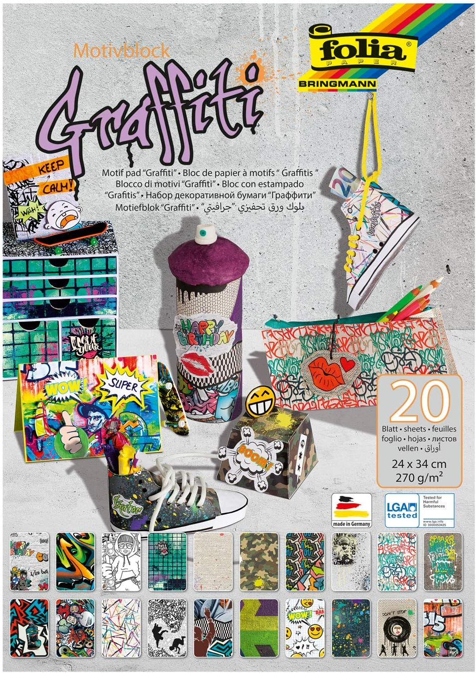 Folia 48349 Motif Pad Graphiti 270 G/M&sup2;, Approx. 24 X 34 Cm, 20 Sheets Assorted in Different Designs &ndash; for Crafts and Creative Design of Cards, Window Pictures and Scrapbooking image number 2