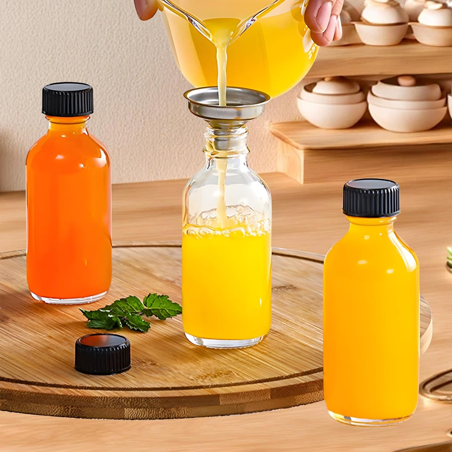 12 Glass Bottles Set with Lid, Small Glass Container with Lid, Spice Jar, Juice Bottle, 60Ml Travel Sample Bottle, with 3 Stainless Steel Funnels, Stickers, Cup Brush, Pen,Packed in a Separate Box image number 4