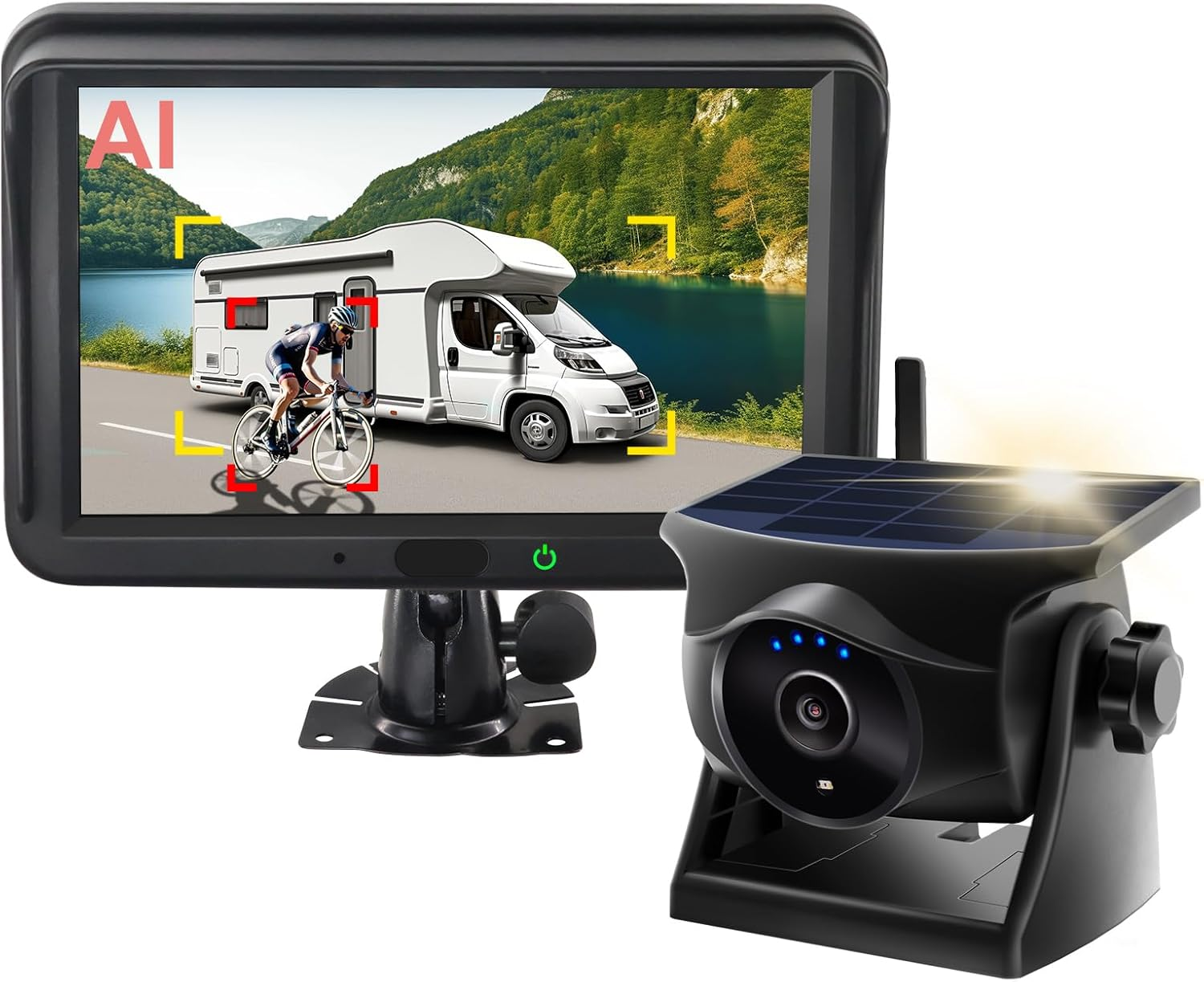 AI Magnetic Solar Wireless Reversing Camera: Pedestrian & Vehicle Detection, 1-Min Install, No Wiring/Drilling, Gesture Control, Night Vision, 5" 1080P Monitor for RV, Trailer, Truck, Motorhome