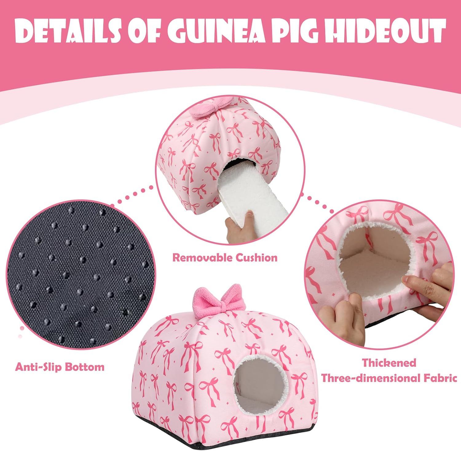 Jarthenaamcs Washable Guinea Pig House Bed Pink Bow Bunny Hideout Cage Accessories Reusable Hideaway for Ferret Hedgehog Small Animal, 9.5 X 9.5 X 8 Inch image number 1