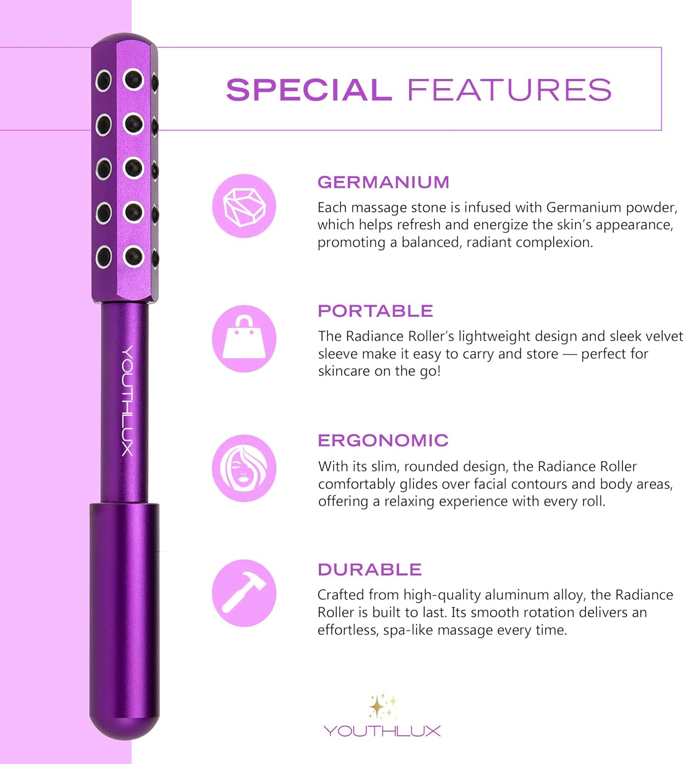 YOUTHLUX Radiance Roller &ndash; Germanium Stone Facial Massage Tool for Lifting, Sculpting, De-Puffing, Glow Boost, Energizing & Cooling Effect (Purple) - Purple image number 2