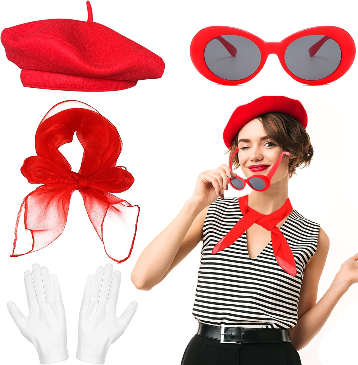 French Women Fancy Dress Costume Accessories Set French Artist Mime Kit with Red Beret Scarf Sunglasses Gloves for Women Girls Cosplay Party Supplies School Dress up Day image number 1