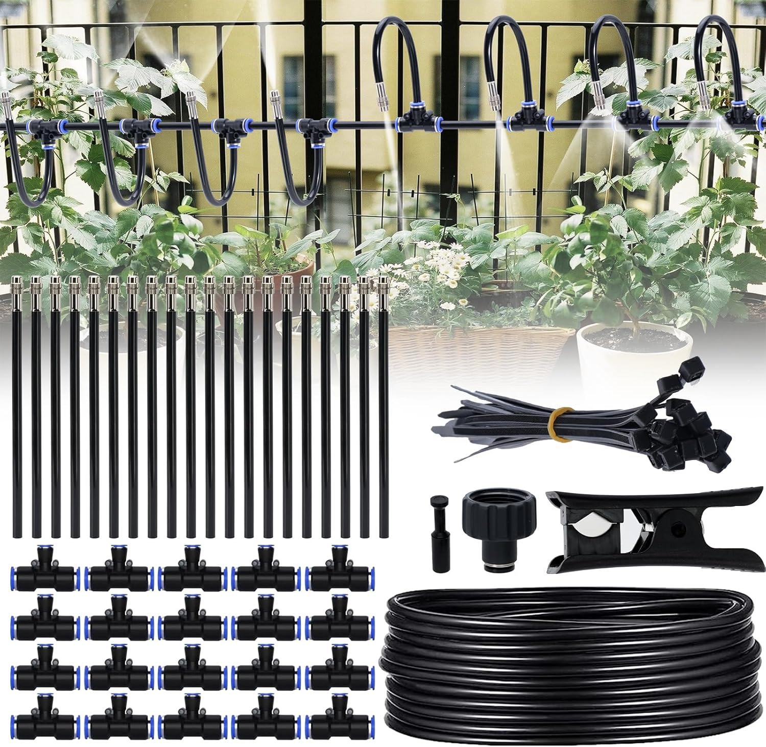 Irrigation Misting System, DIY 66Ft Spray Line + 20 Directional Brass Spray Nozzles + 1 3/4" Adapter, Outdoor Cooling Sprayer for Farm Lawn Irrigation, Patio Garden Greenhouse Trampoline Waterpark image number 2