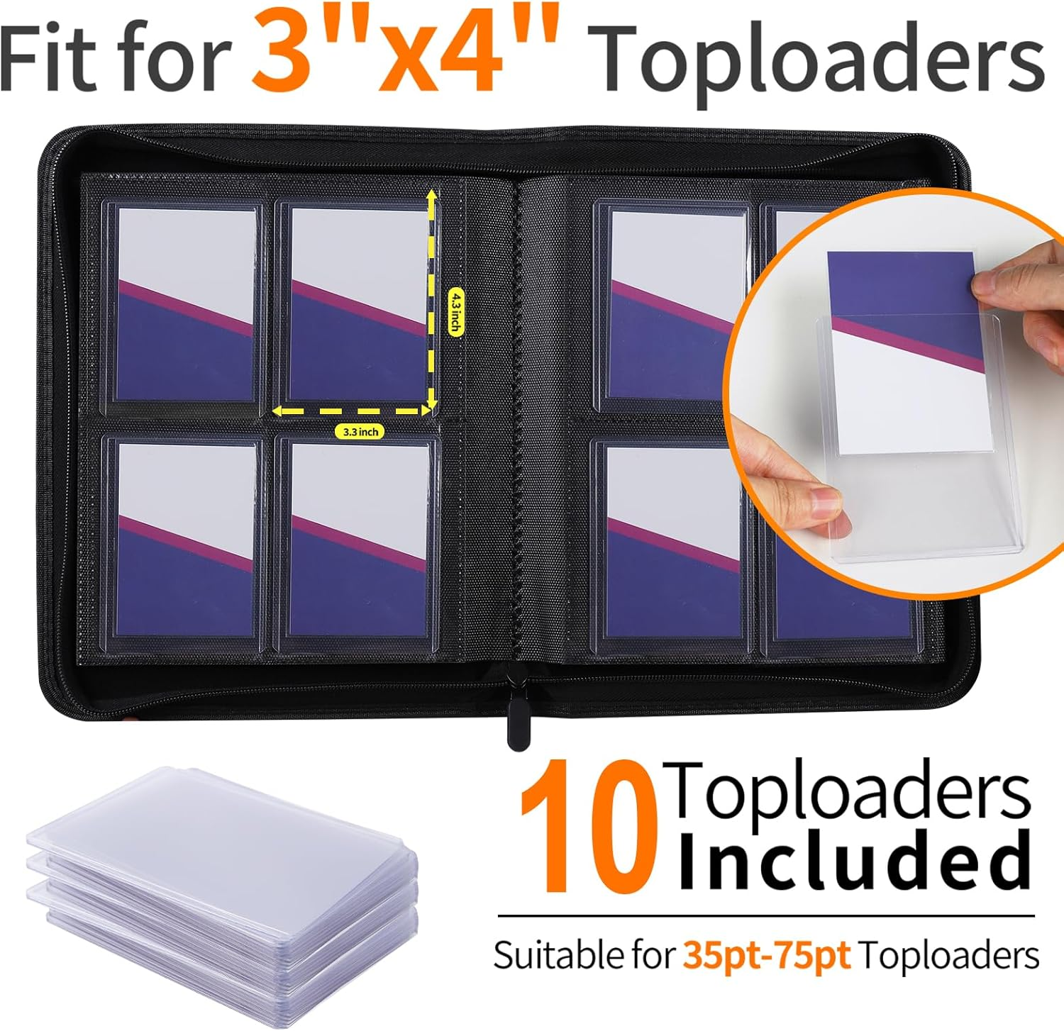 Zettokete Top Loader Binder 4 Pocket Holds 96 Cards, Toploader Binder Fit for 3" X 4" Top Loader, Trading Card Holder Album Fit for MTG, Yugioh, TCG, Sports Cards, 10 Toploaders Included, Black image number 5