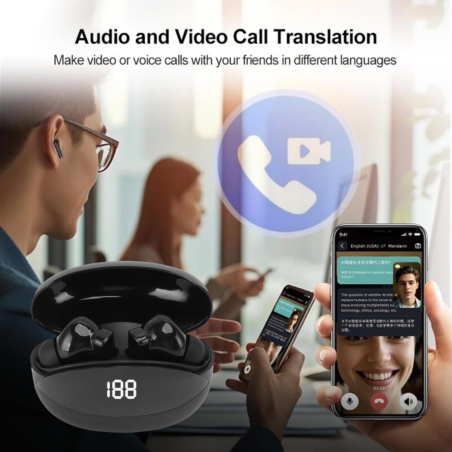 Zopsc AI Translation Earbuds Real Time with 164 Language, 7 Translation Modes, 36H Battery Life, Noise Reduction, IPX 4, for Travel and Business Meetings image number 2