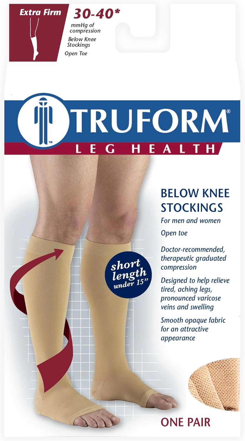 Truform Short Length 30-40 Mmhg Compression Stockings for Men and Women, Reduced Length, Open Toe, Beige, Large (Short Length) image number 3