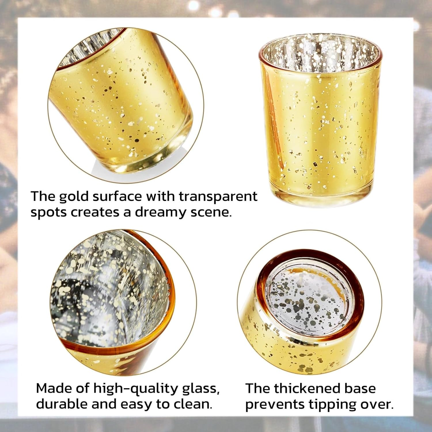 Votive Candle Holders Set of 12, Golden Speckles Mercury Glass Tealight Candle Holder, Wedding Centerpiece Table Decorations, for Bridal Shower, Baby Shower & Home Decor image number 3