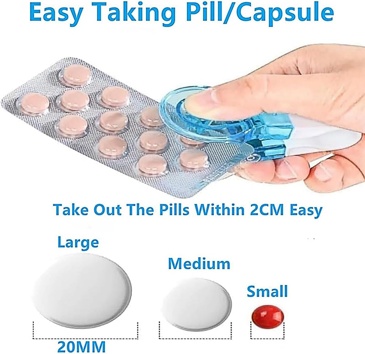 AIMALL 2Pcs Portable Pill Blister Pack Opener Tablet Popper Tool for Seniors Ergonomic Non-Slip Pill Taker for 20Mm Tablets Blue & White 3.1In X 1.5In image number 4