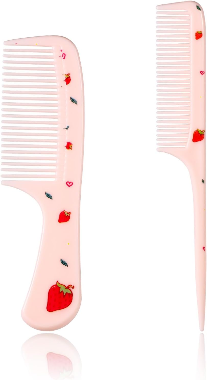 2Pcs Cute Hair Comb Set, Pink Strawberry Comb Fine Tooth Comb and Rat Tail Comb Toddler Hair Comb Small Girl Comb Plastic Mini Kids Comb for Women Girls Children All Hair Types