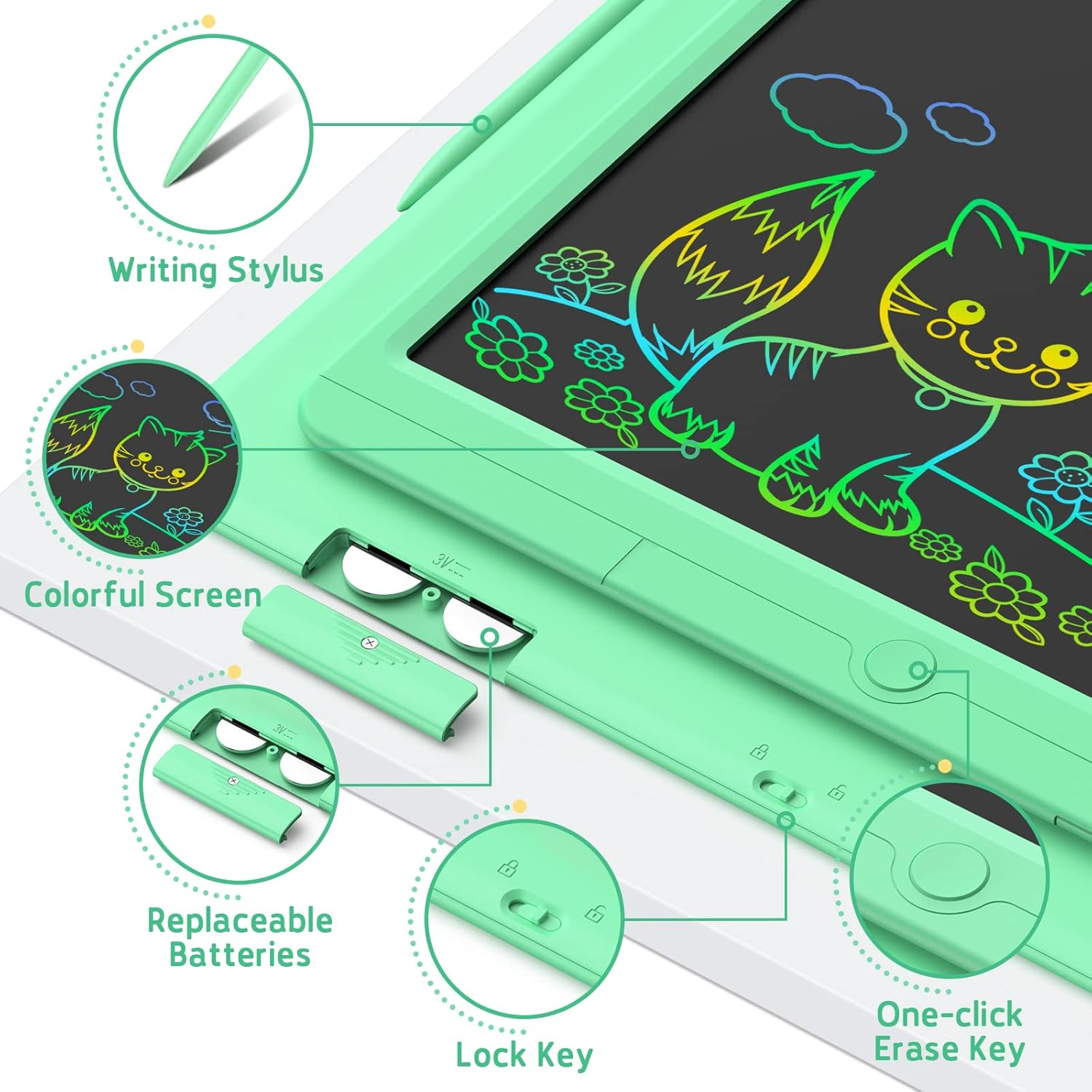 Wicue LCD Writing Tablet for Kids 15In Drawing Tablet, Colorful Doodle Board Drawing Pads, Electronic Drawing Boards Travel Activity Games for 3 4 5 6 Year Old Kids Birthday Gifts (Green) image number 2
