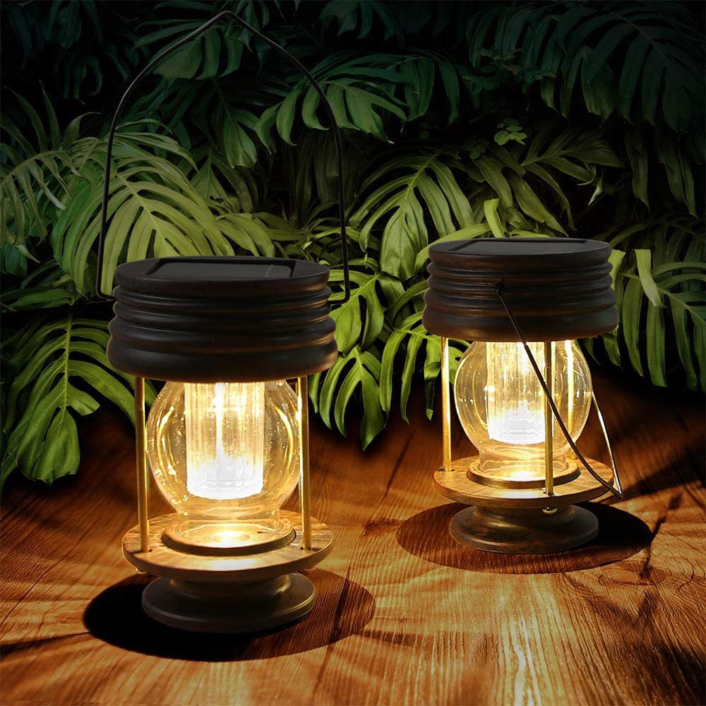 Pearlstar Solar Lantern Outdoor Waterproof Hanging Solar Garden Lights - 2 Pack Solar Powered Landscape Christmas Lanterns with Retro Design for Patio, Yard, Garden and Pathway Decor (Warm Light) image number 1